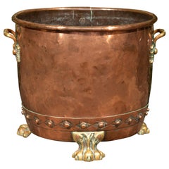 Antique English Turn of the Century 1900s Copper and Brass Planter with Lion Paw Feet