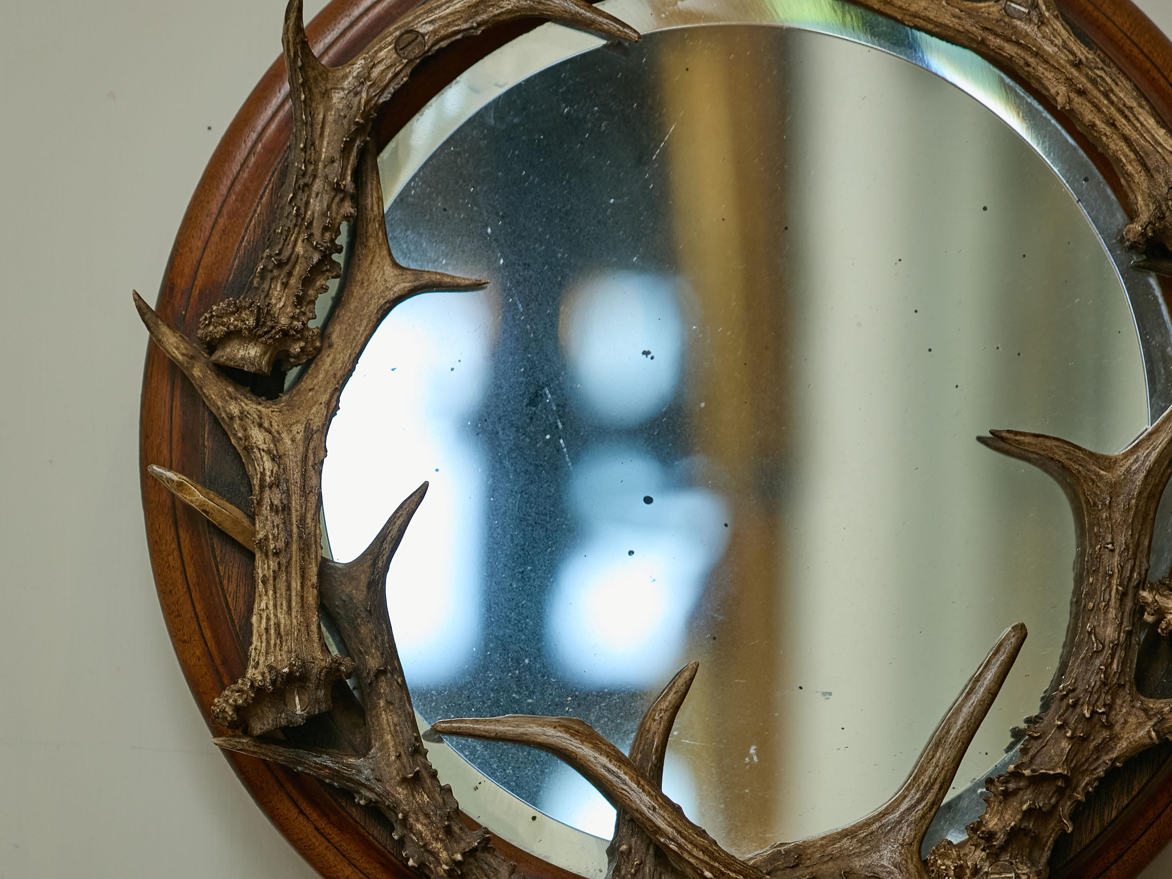 Anglais Miroir circulaire en bois de cerf sur cadre en bois, The Turn of the Century, circa 1900 en vente