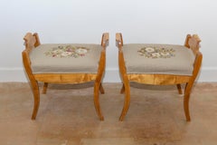 English Turn of the Century Birch Stools with Curving Arms and Saber Legs