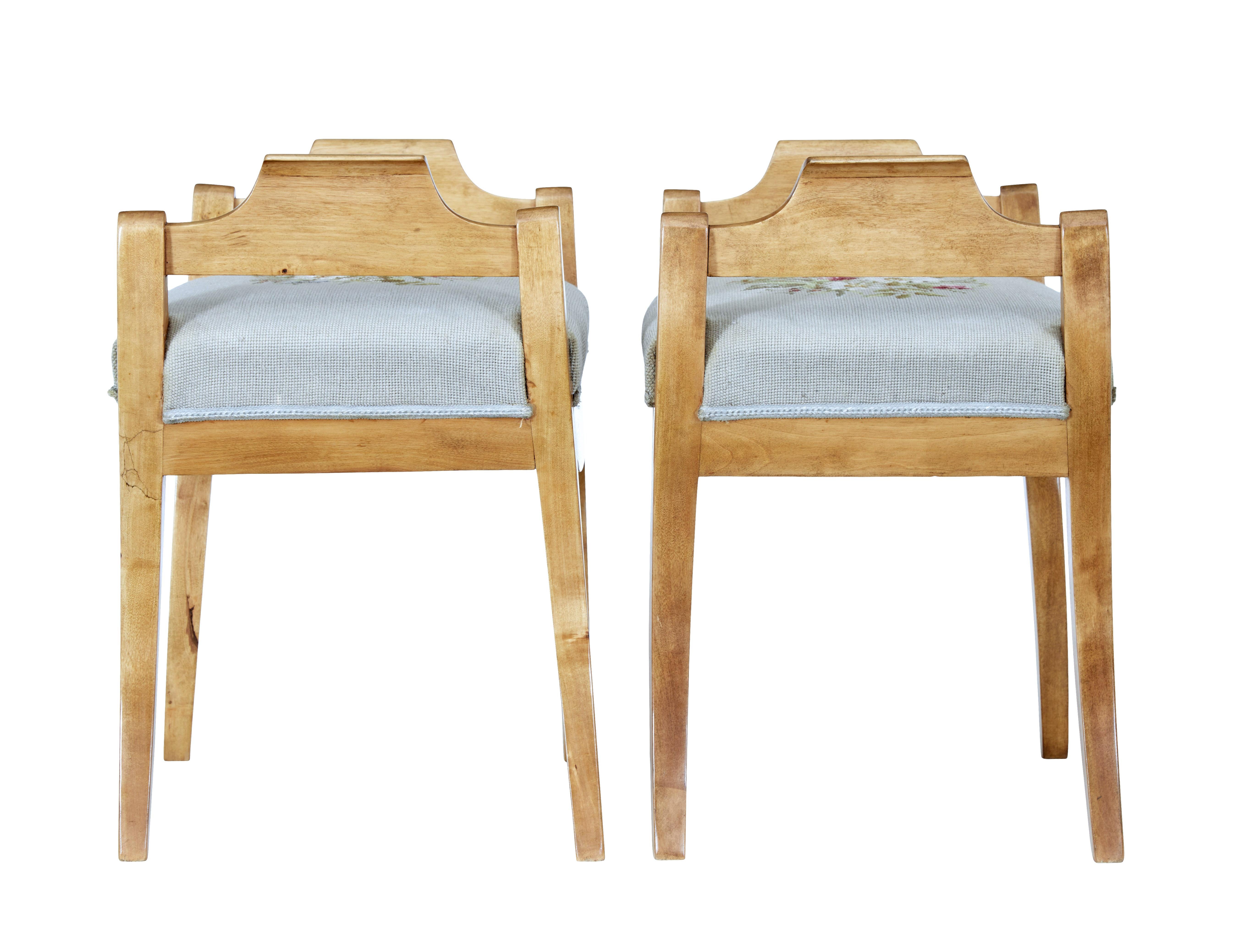 Upholstery English Turn of the Century Birch Stools with Curving Arms and Saber Legs For Sale