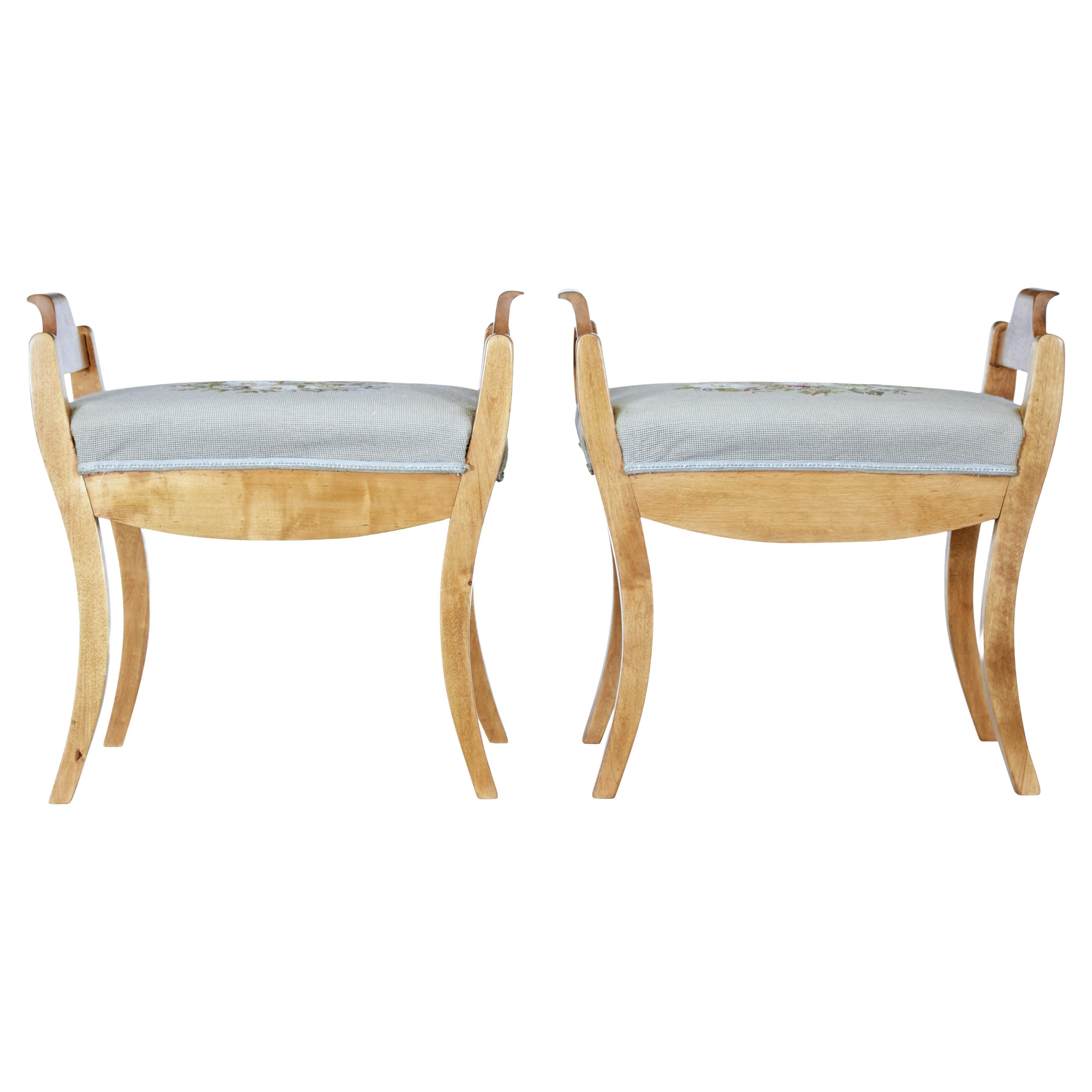 English Turn of the Century Birch Stools with Curving Arms and Saber Legs