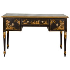 English Turn of the Century Black and Gold Chinoiserie Desk with Leather Top