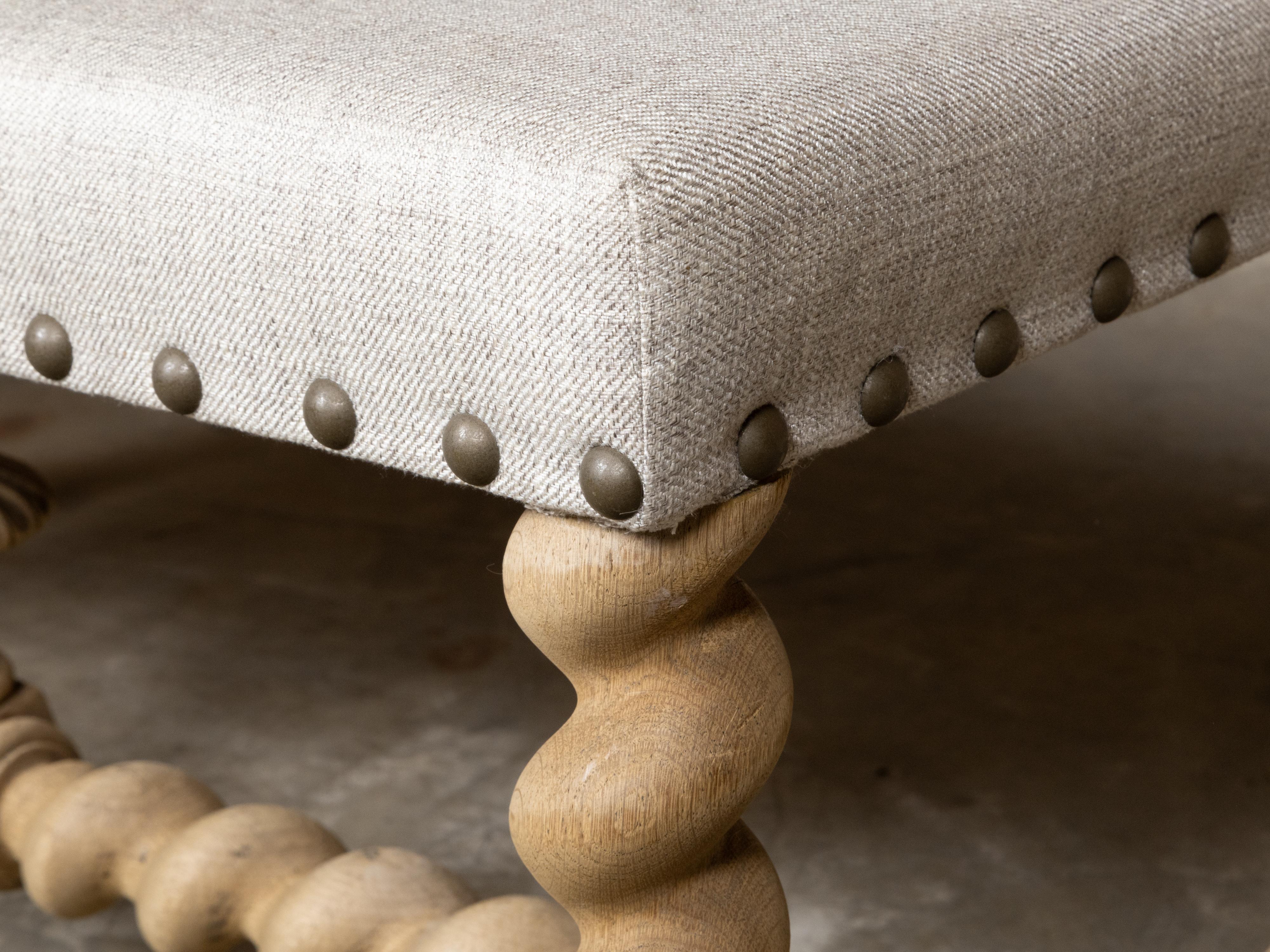 English Turn of the Century Bleached Wood Barley Twist Bench with Upholstery For Sale 7