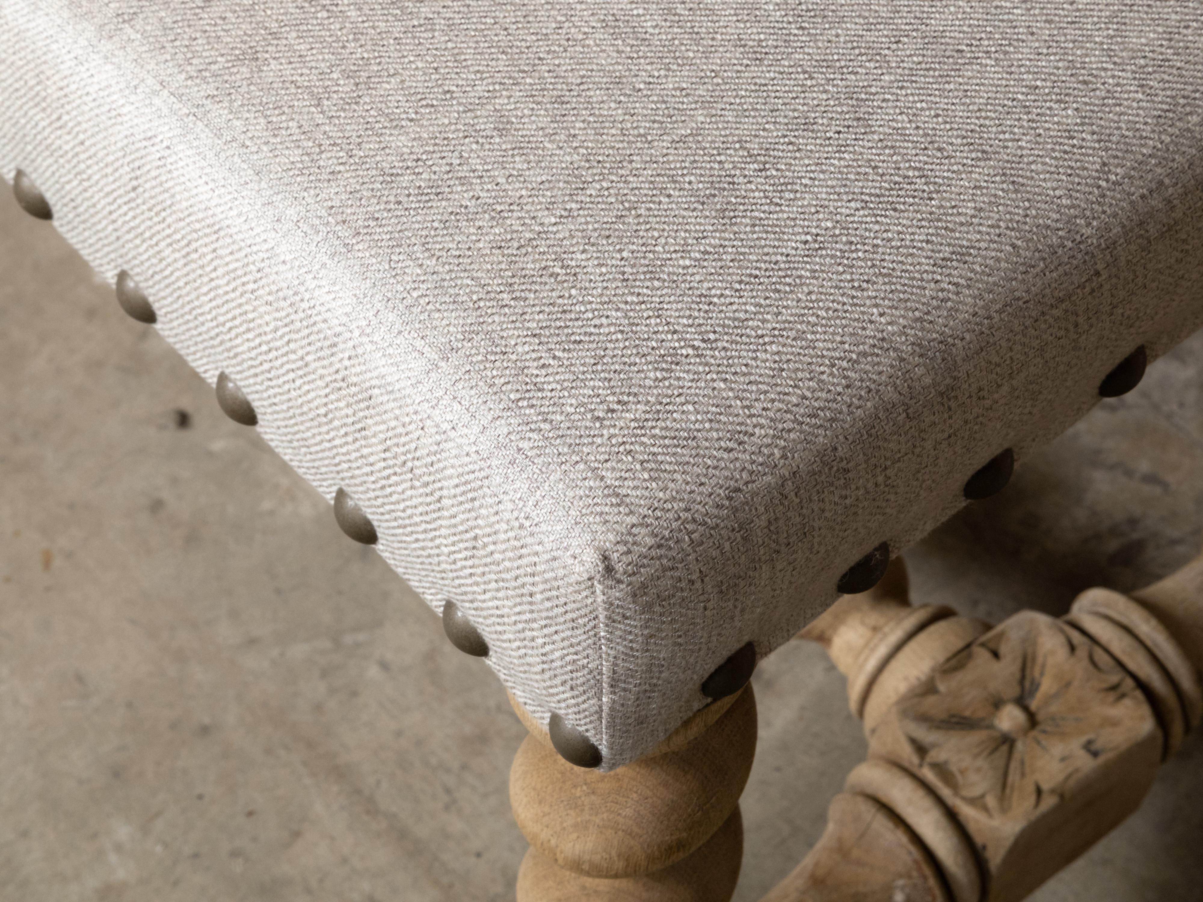 English Turn of the Century Bleached Wood Barley Twist Bench with Upholstery For Sale 8