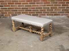 English Turn of the Century Bleached Wood Barley Twist Bench with Upholstery