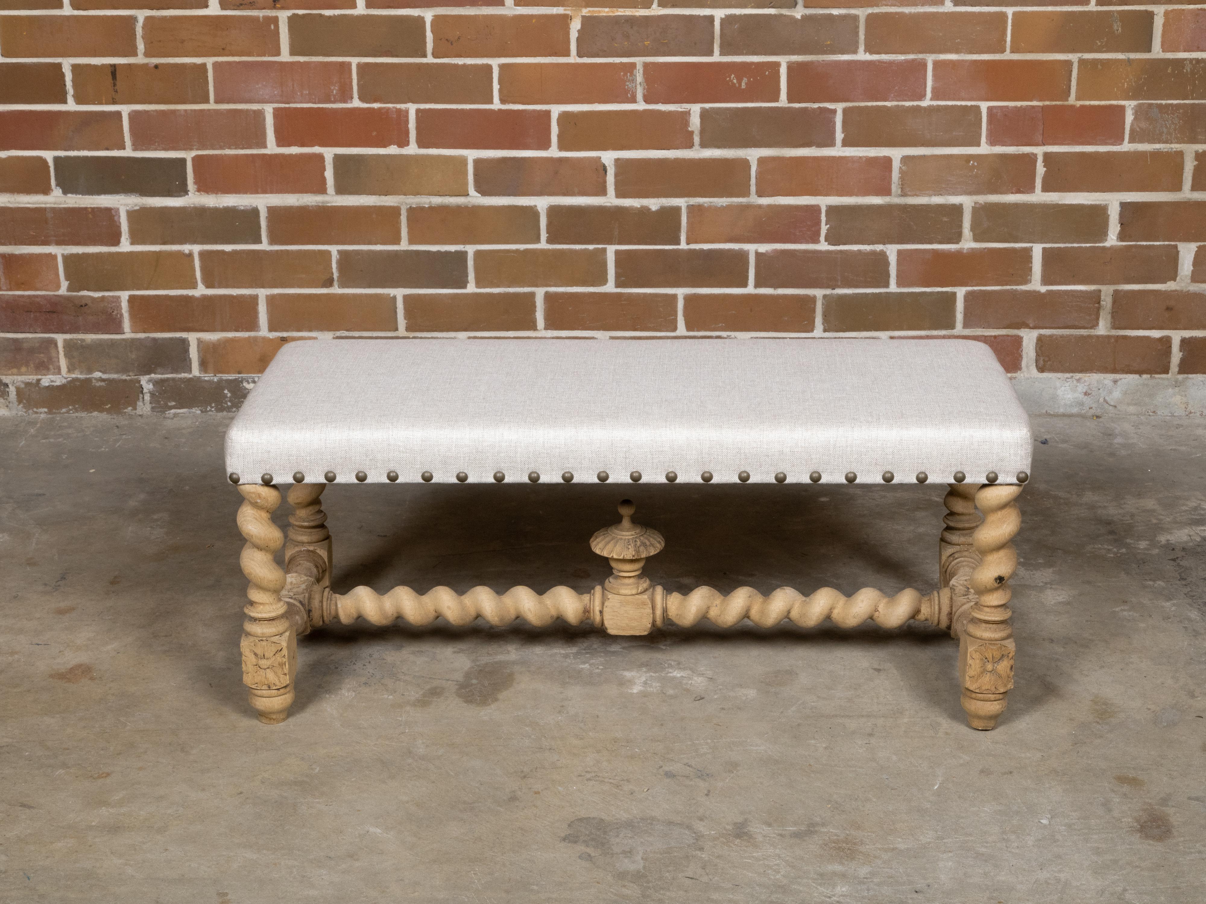 English Turn of the Century Bleached Wood Barley Twist Bench with Upholstery In Good Condition For Sale In Atlanta, GA