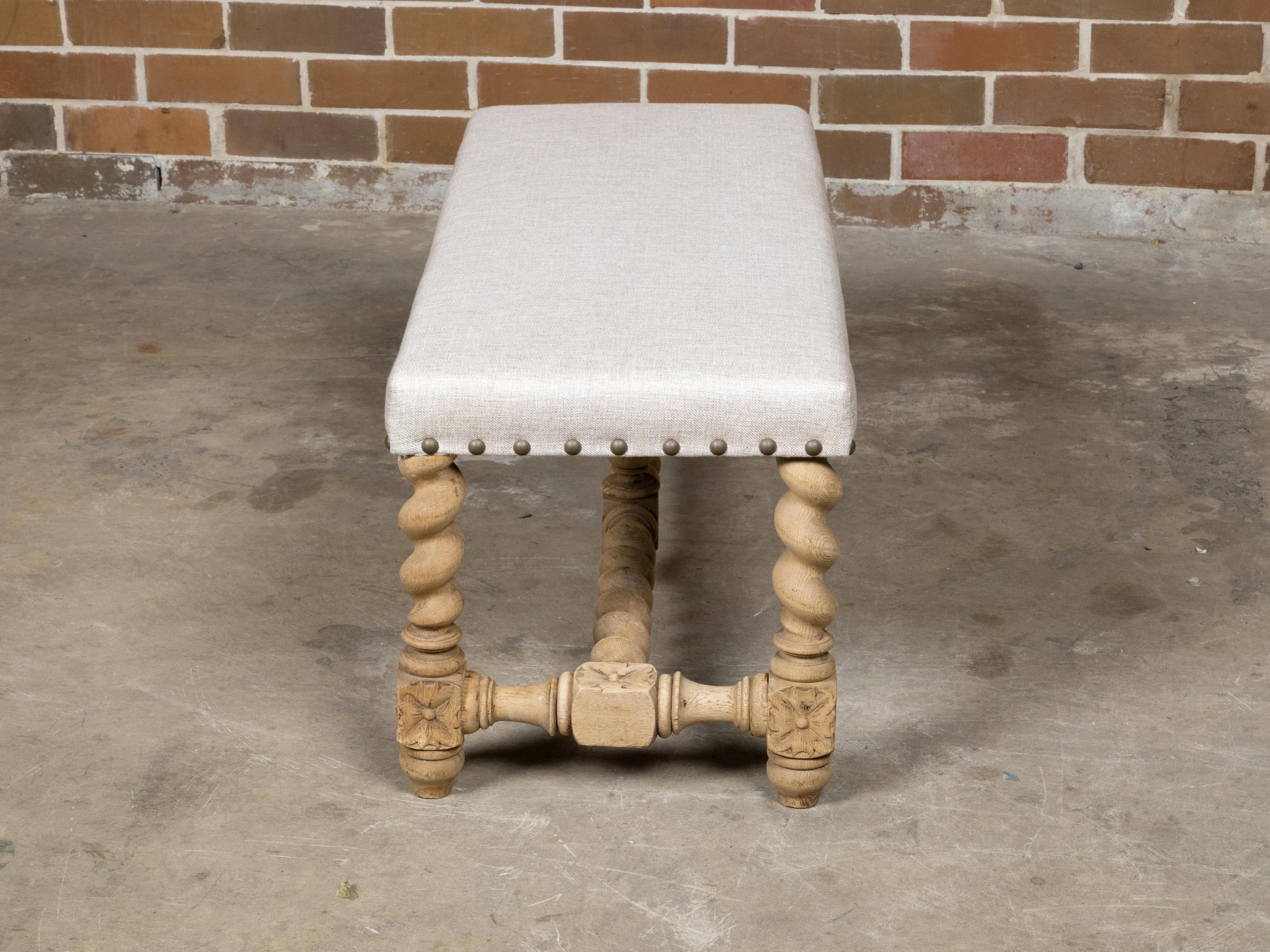 20th Century English Turn of the Century Bleached Wood Barley Twist Bench with Upholstery For Sale