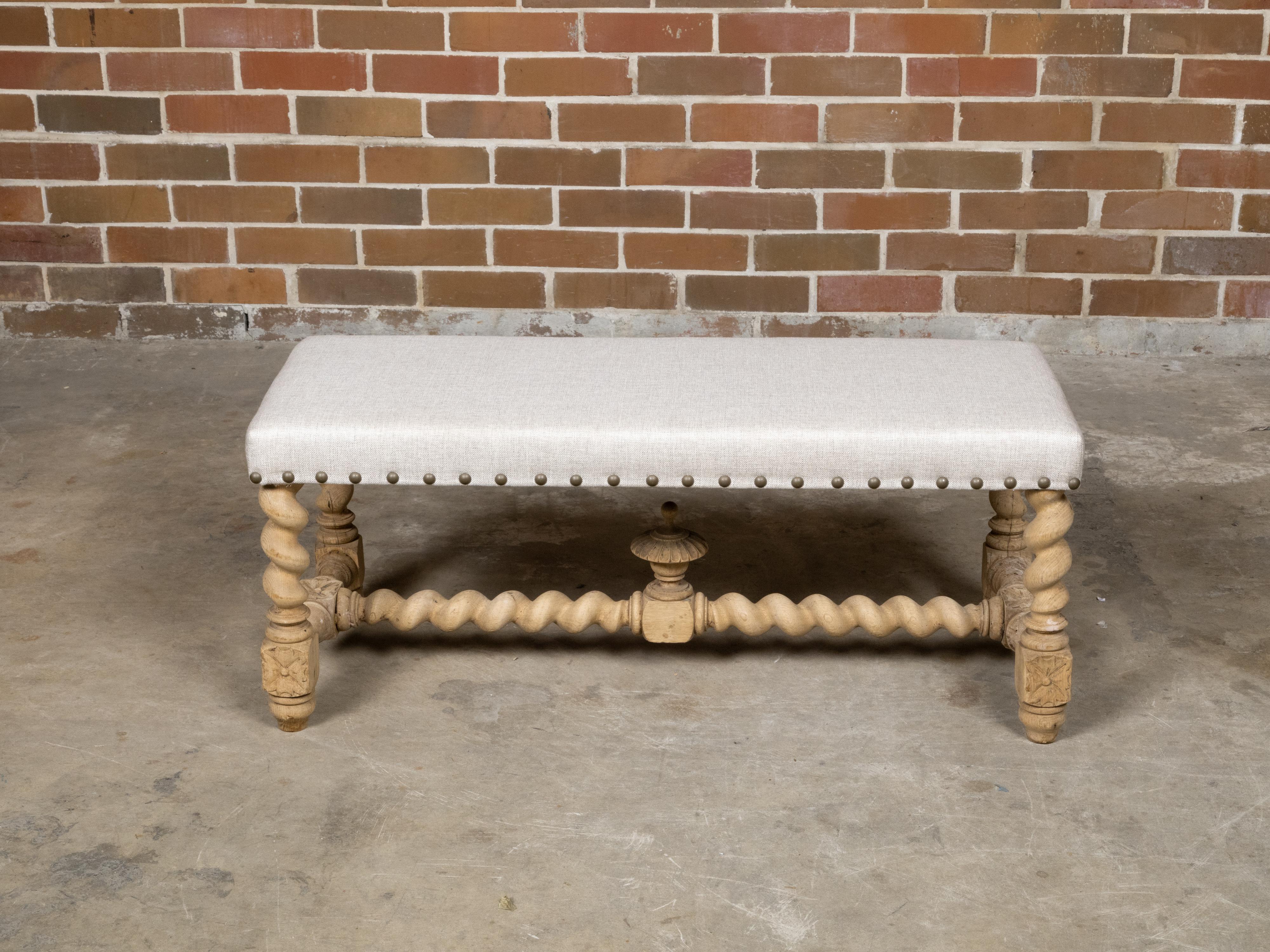 English Turn of the Century Bleached Wood Barley Twist Bench with Upholstery For Sale 1