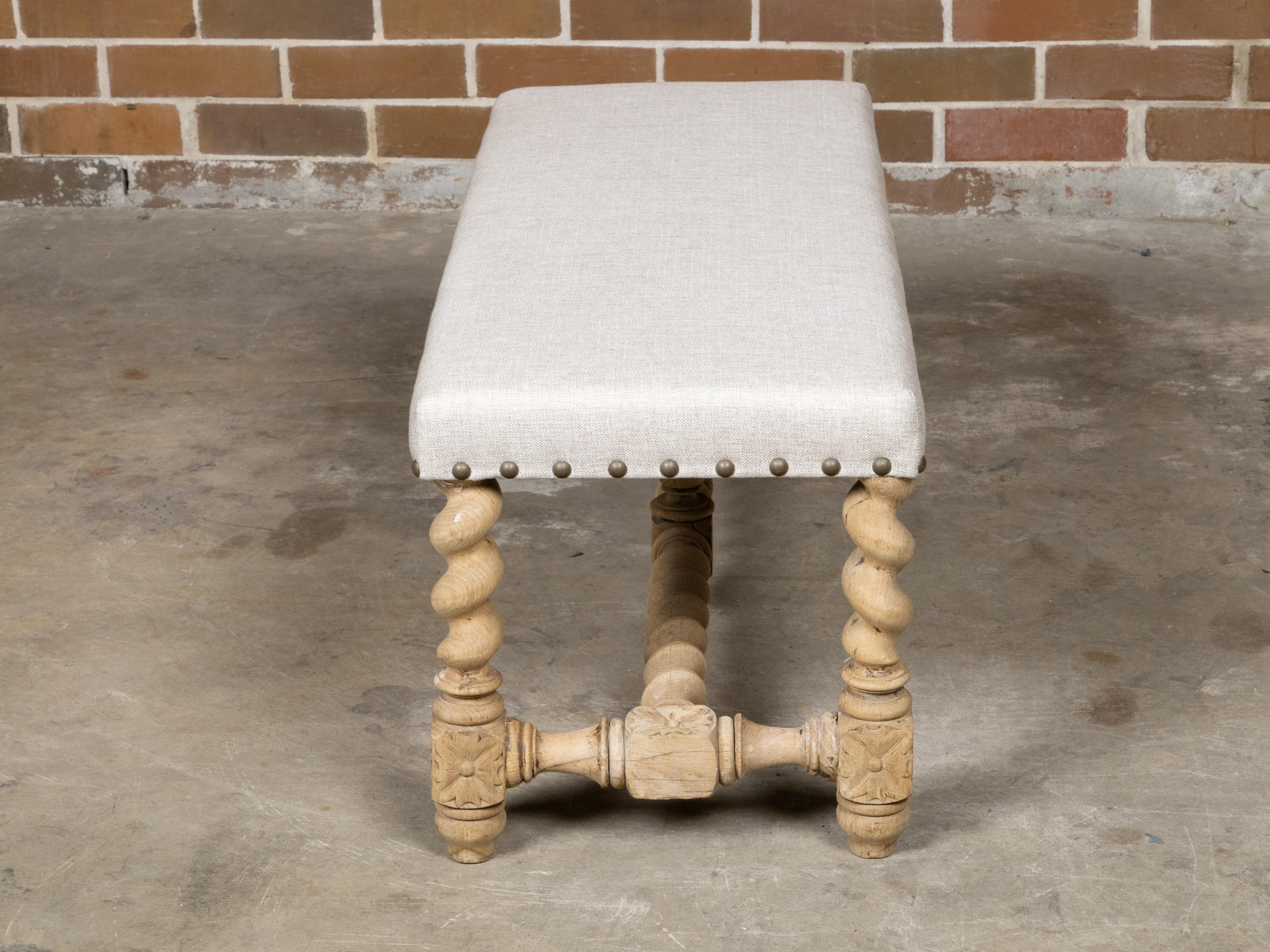 English Turn of the Century Bleached Wood Barley Twist Bench with Upholstery For Sale 2