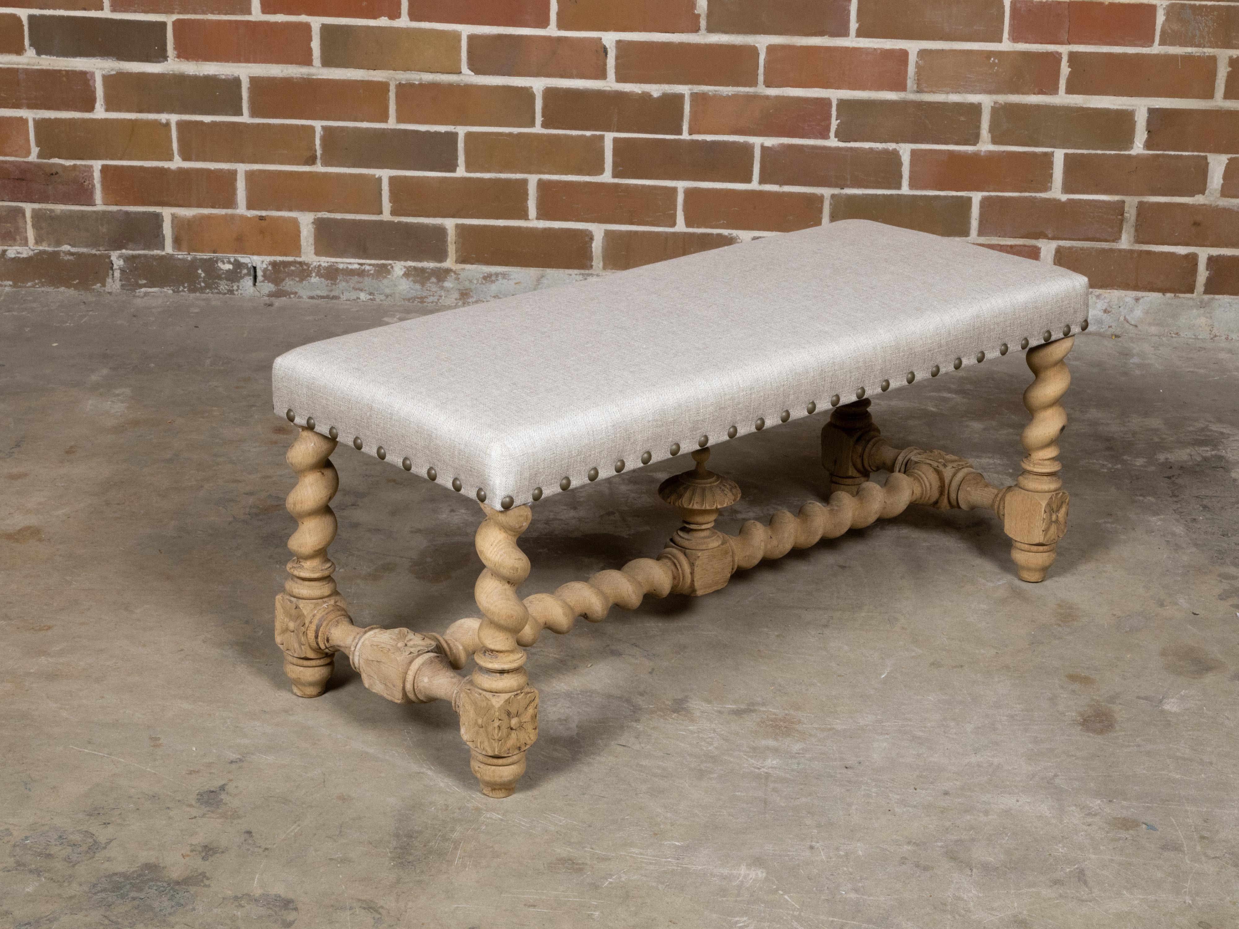 English Turn of the Century Bleached Wood Barley Twist Bench with Upholstery For Sale 3