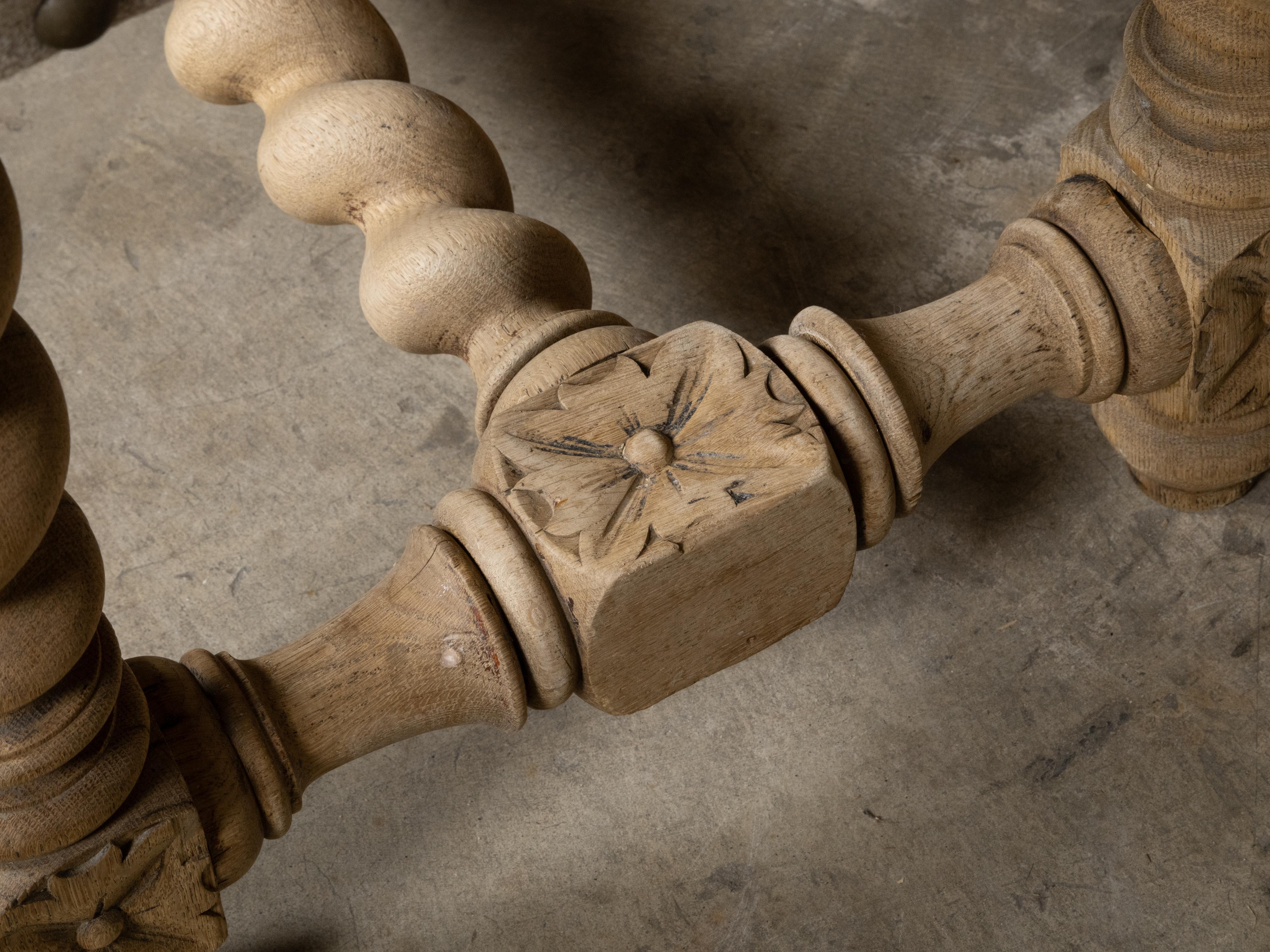 English Turn of the Century Bleached Wood Barley Twist Bench with Upholstery For Sale 5