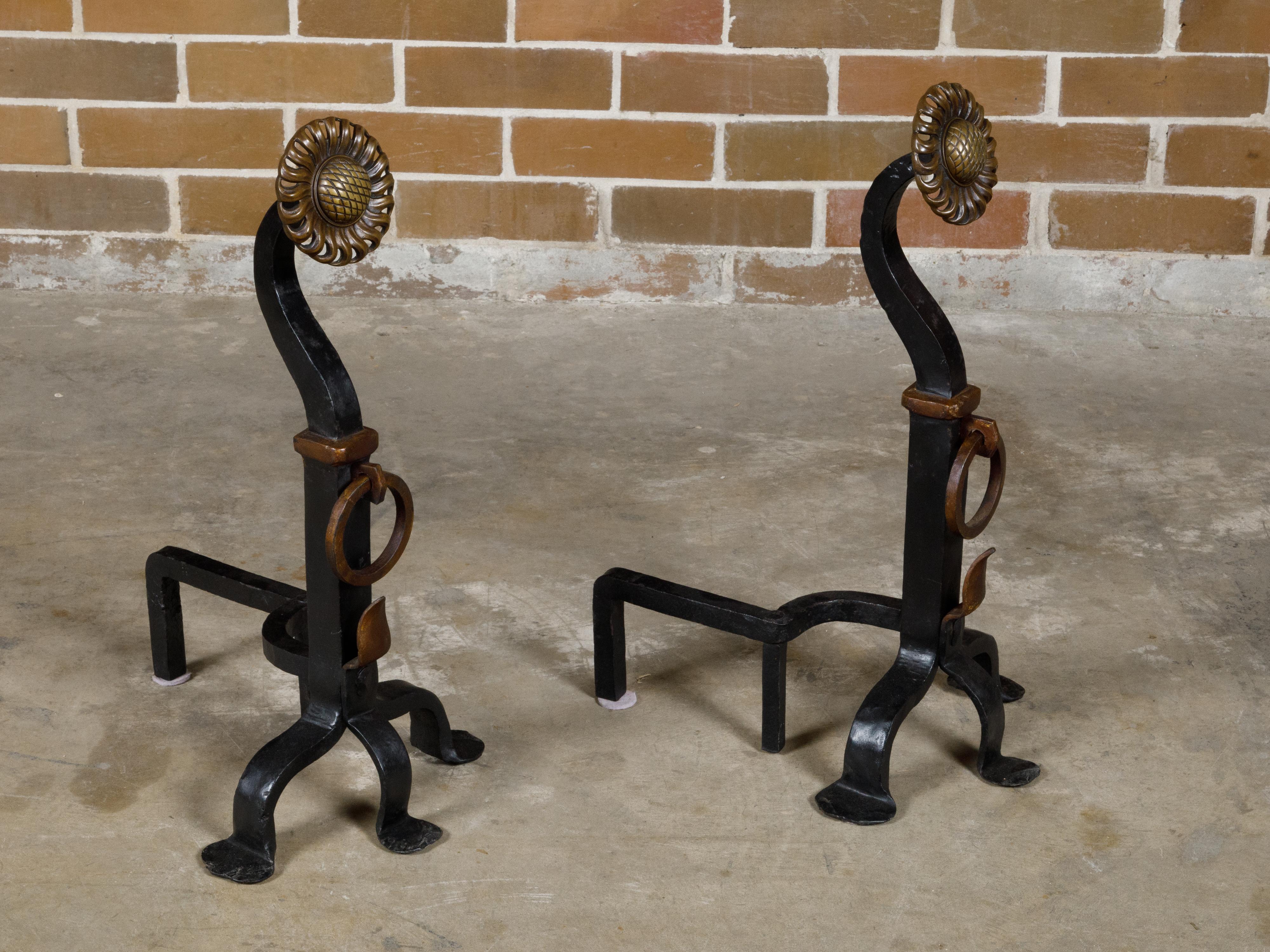 English Turn of the Century Brass and Iron Sunflower Andirons, Pair circa 1900 2