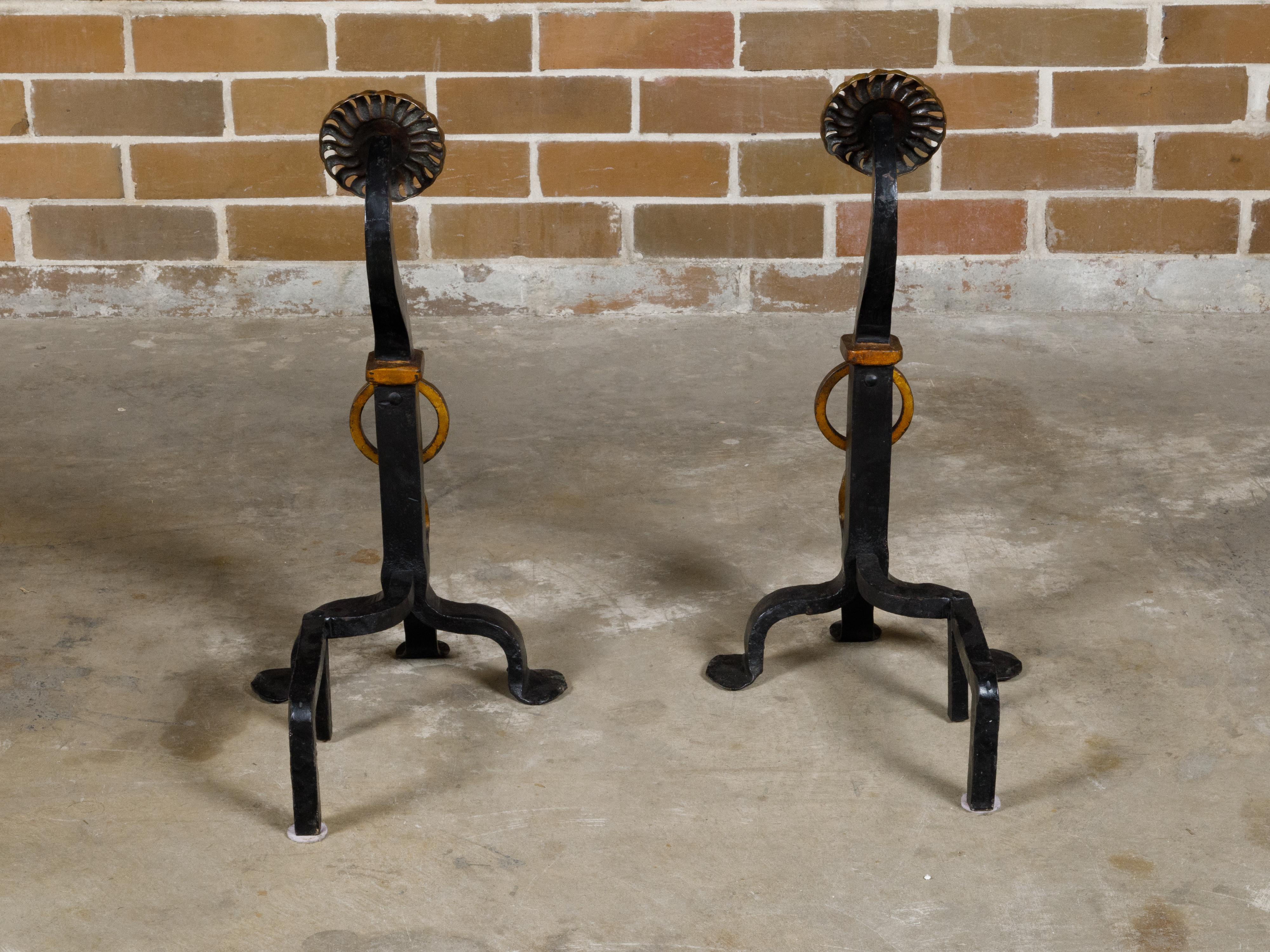 English Turn of the Century Brass and Iron Sunflower Andirons, Pair circa 1900 4