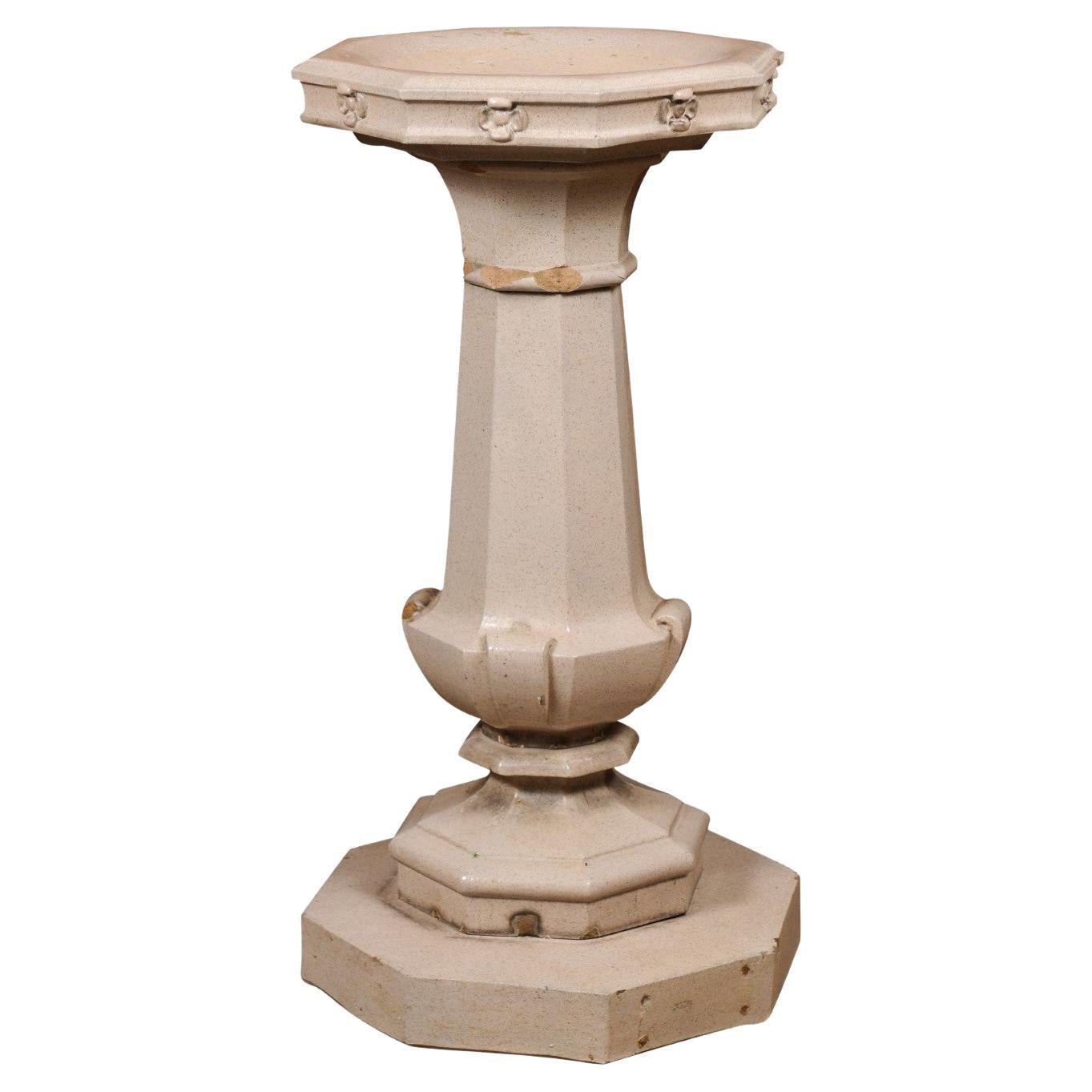 English Turn of the Century Glazed Pottery Bird Bath with Carved