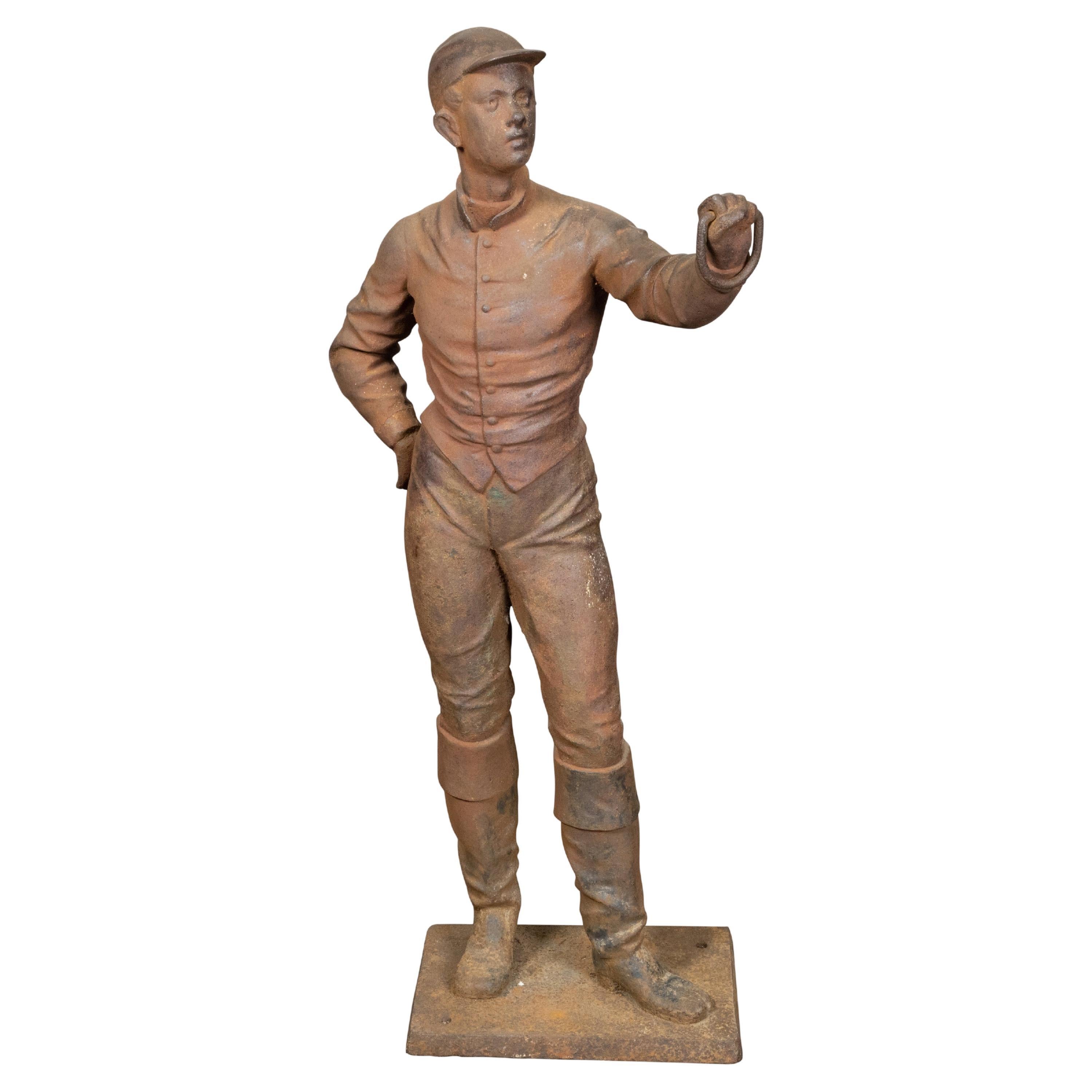 English Turn of the Century Iron Sculpture of a Jockey with Weathered Patina For Sale