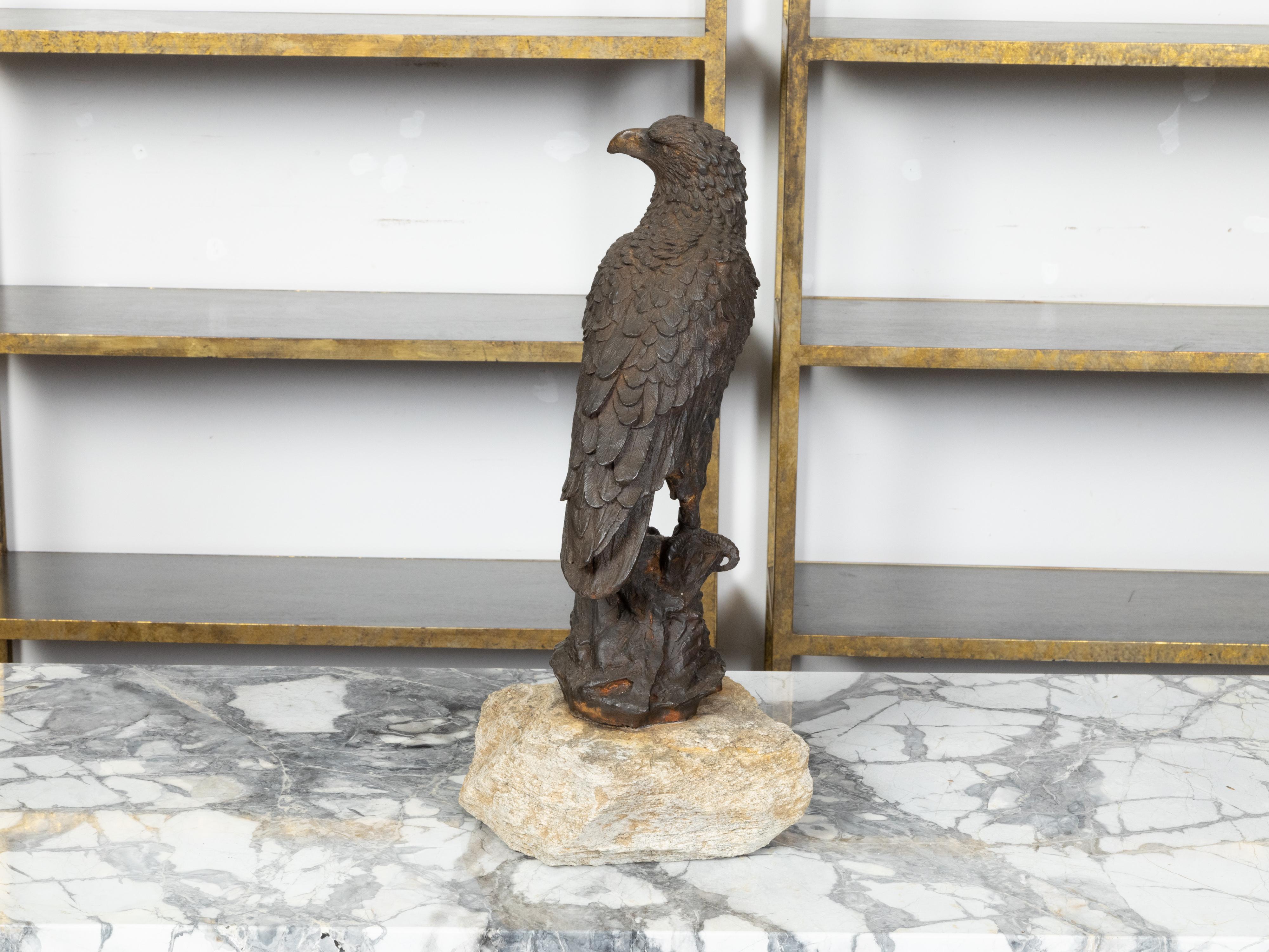 20th Century English Turn of the Century Iron Sculpture of an Eagle Perched on a Rock For Sale