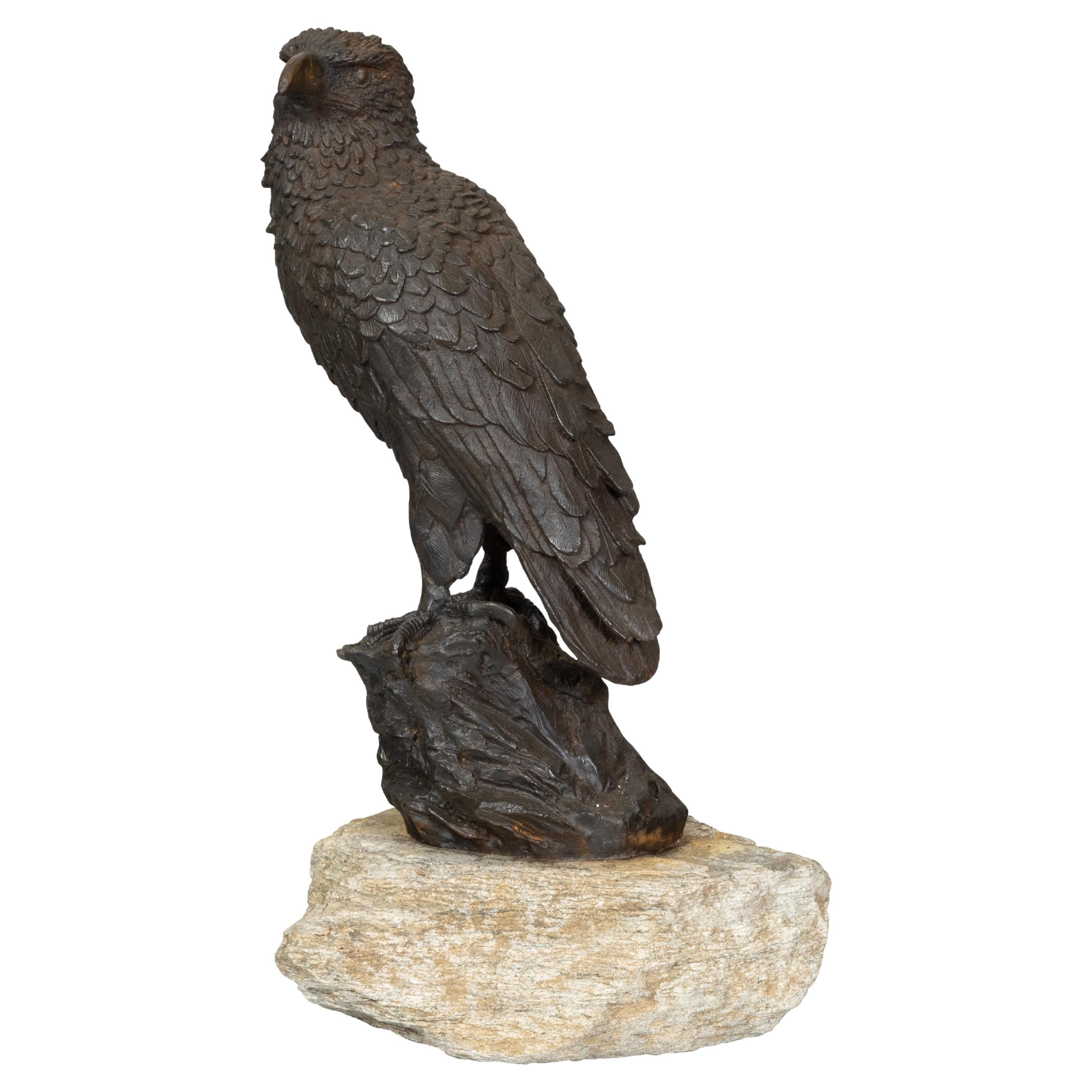 English Turn of the Century Iron Sculpture of an Eagle Perched on a Rock For Sale