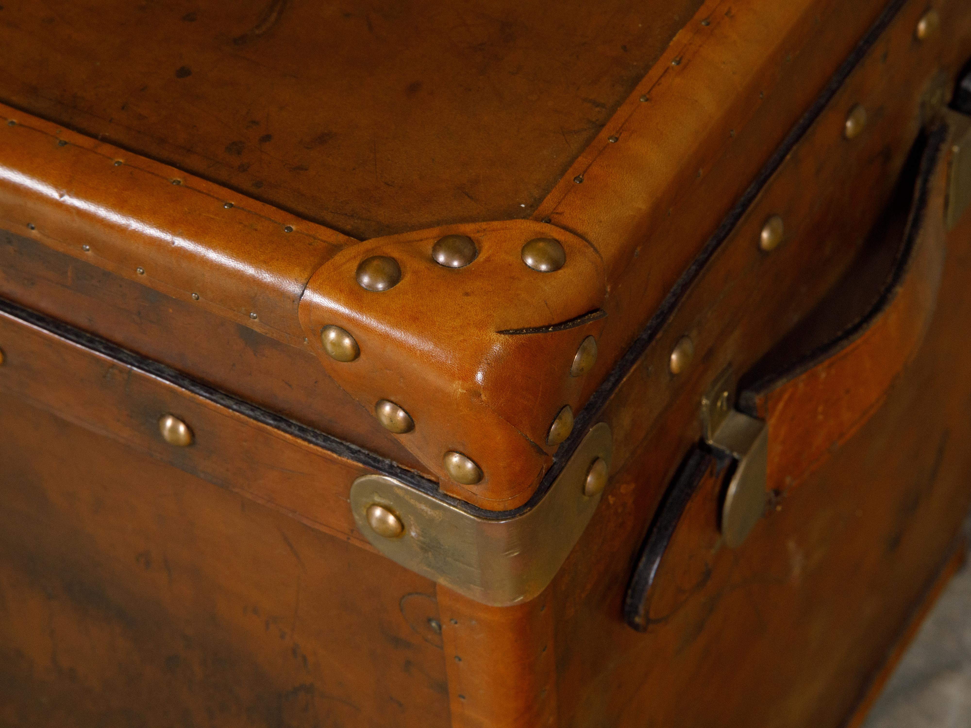 English Turn of the Century Leather Trunk with Brass Accents and Monogram, 1900s In Good Condition For Sale In Atlanta, GA
