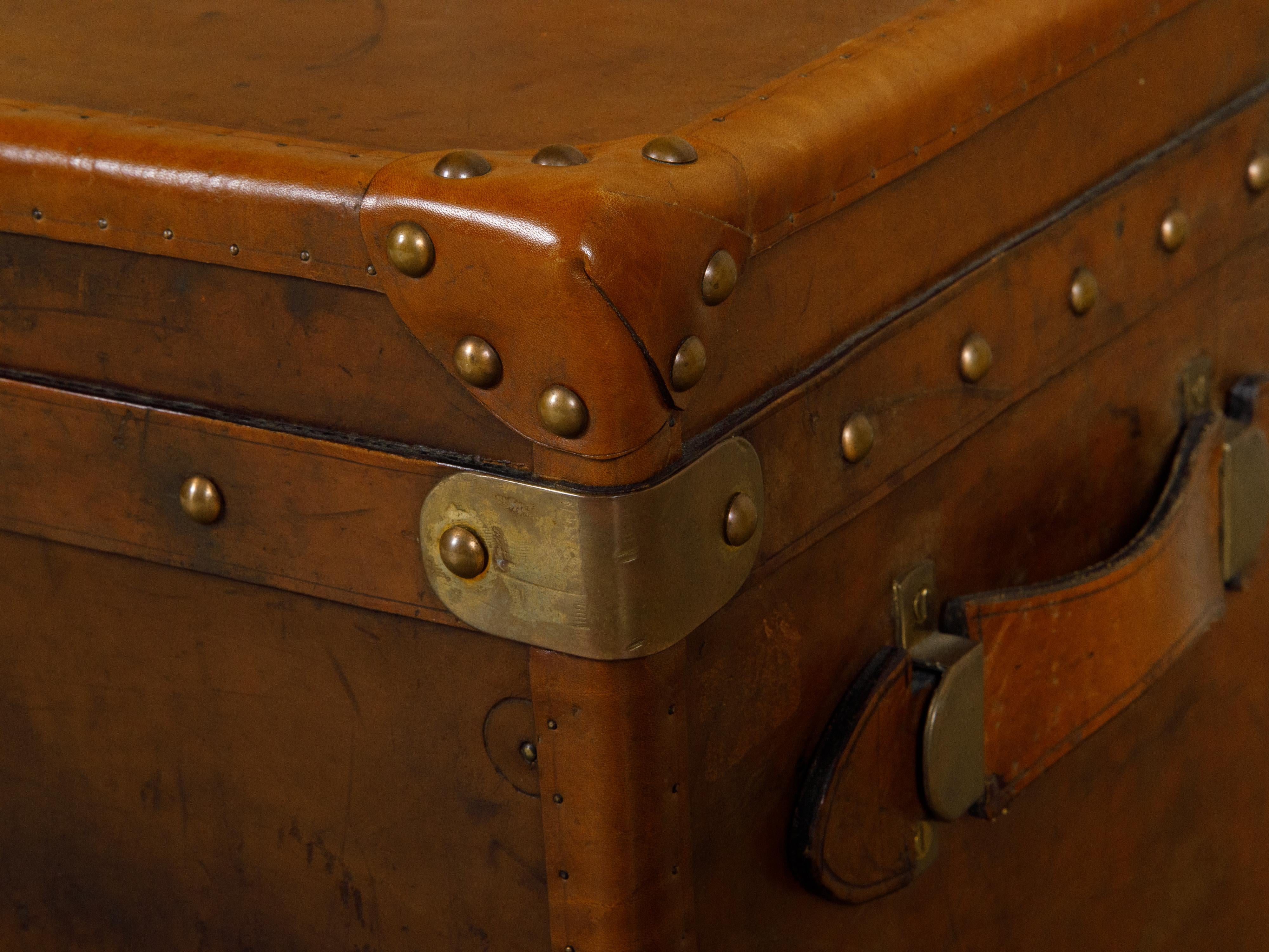 20th Century English Turn of the Century Leather Trunk with Brass Accents and Monogram, 1900s For Sale