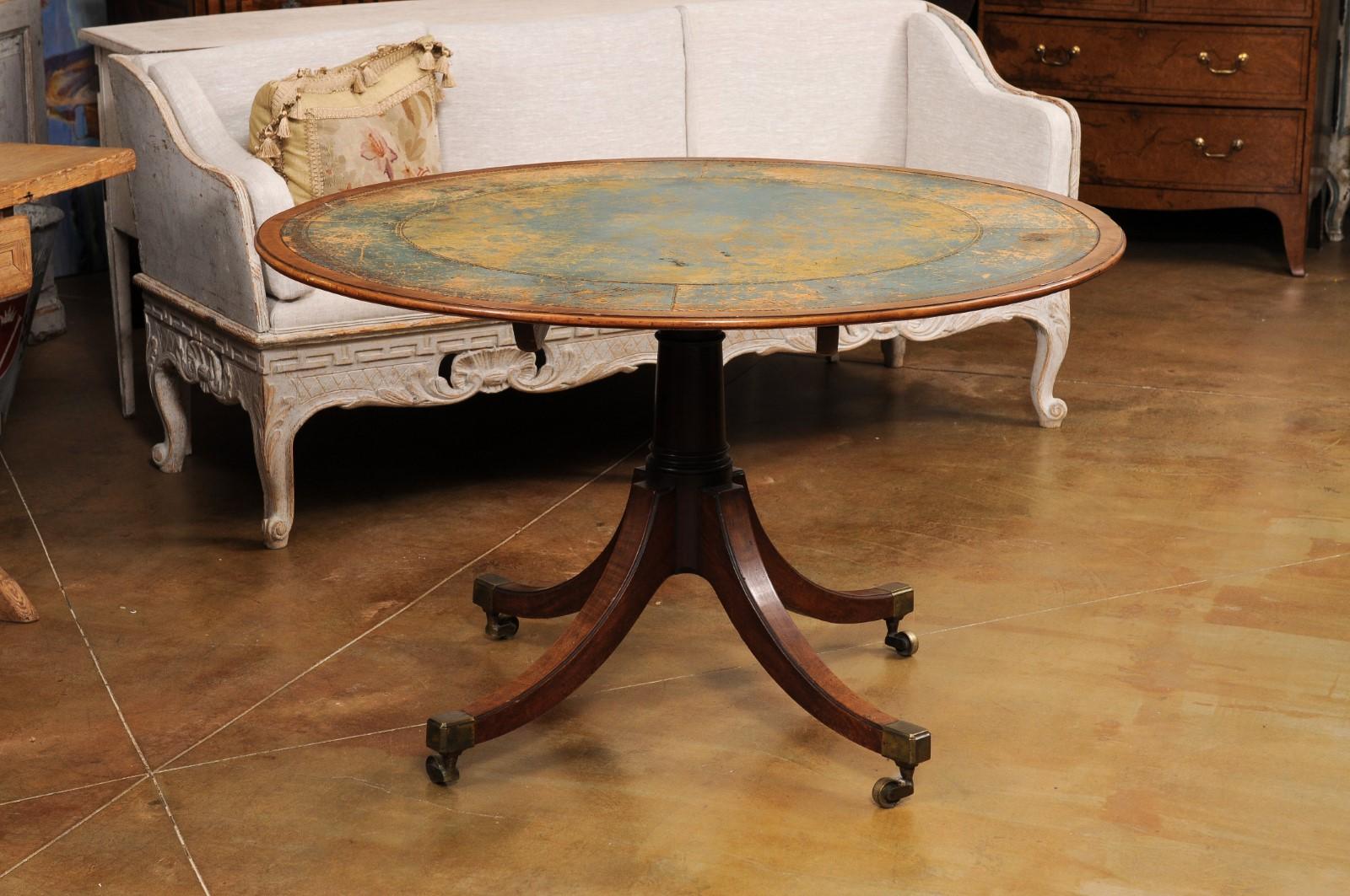 English Turn of the Century Mahogany Tilt Top Center Table with Leather Top For Sale 5