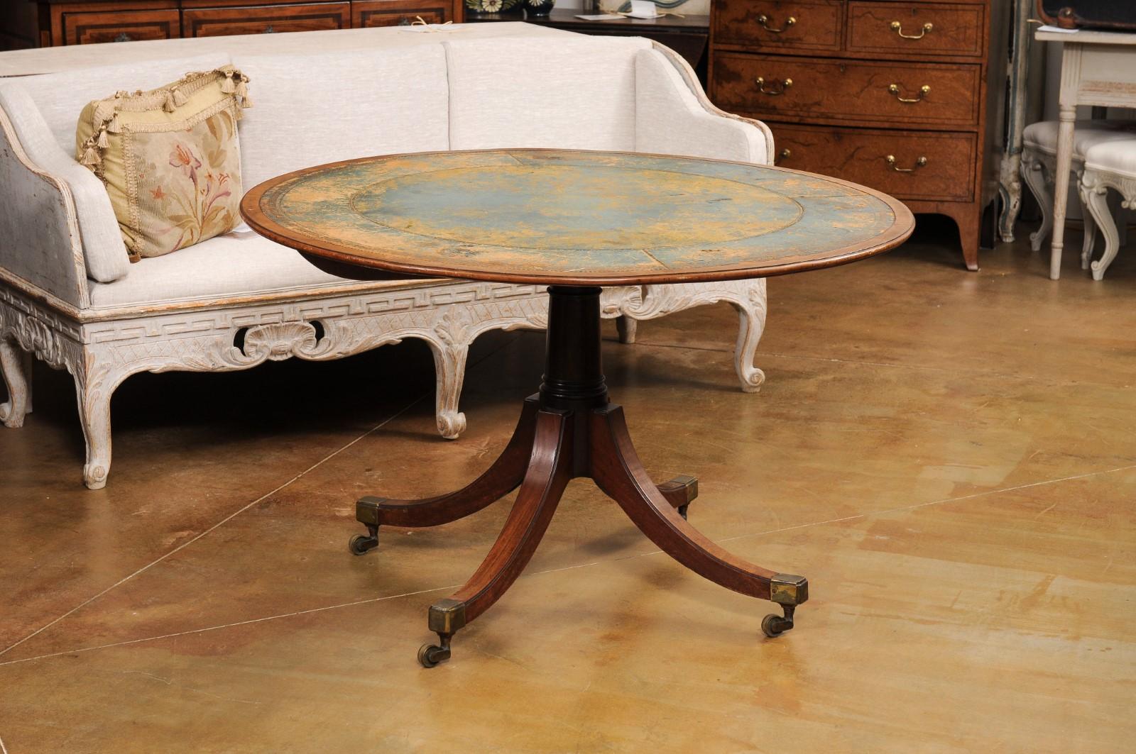 Carved English Turn of the Century Mahogany Tilt Top Center Table with Leather Top For Sale