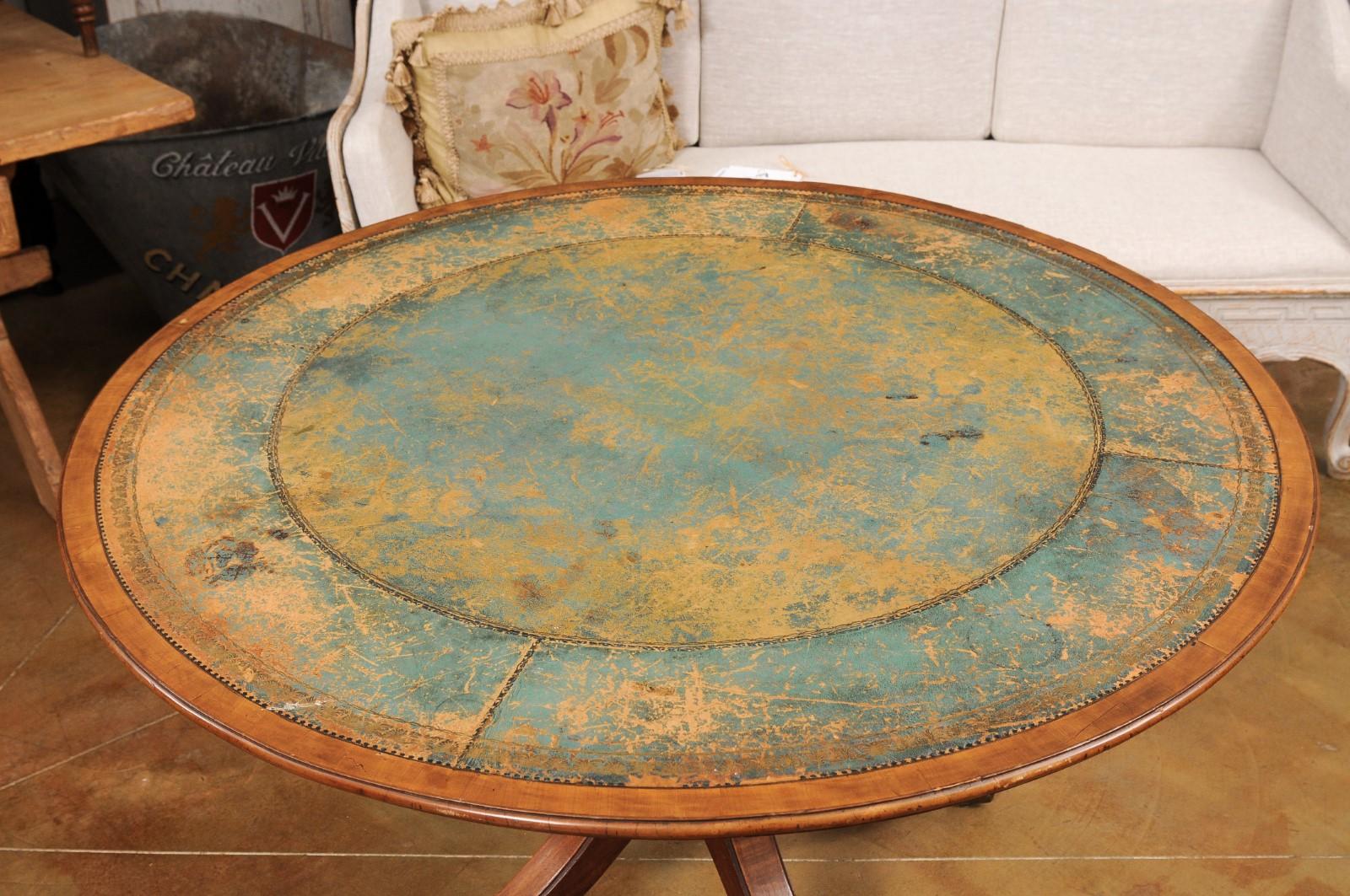 20th Century English Turn of the Century Mahogany Tilt Top Center Table with Leather Top For Sale