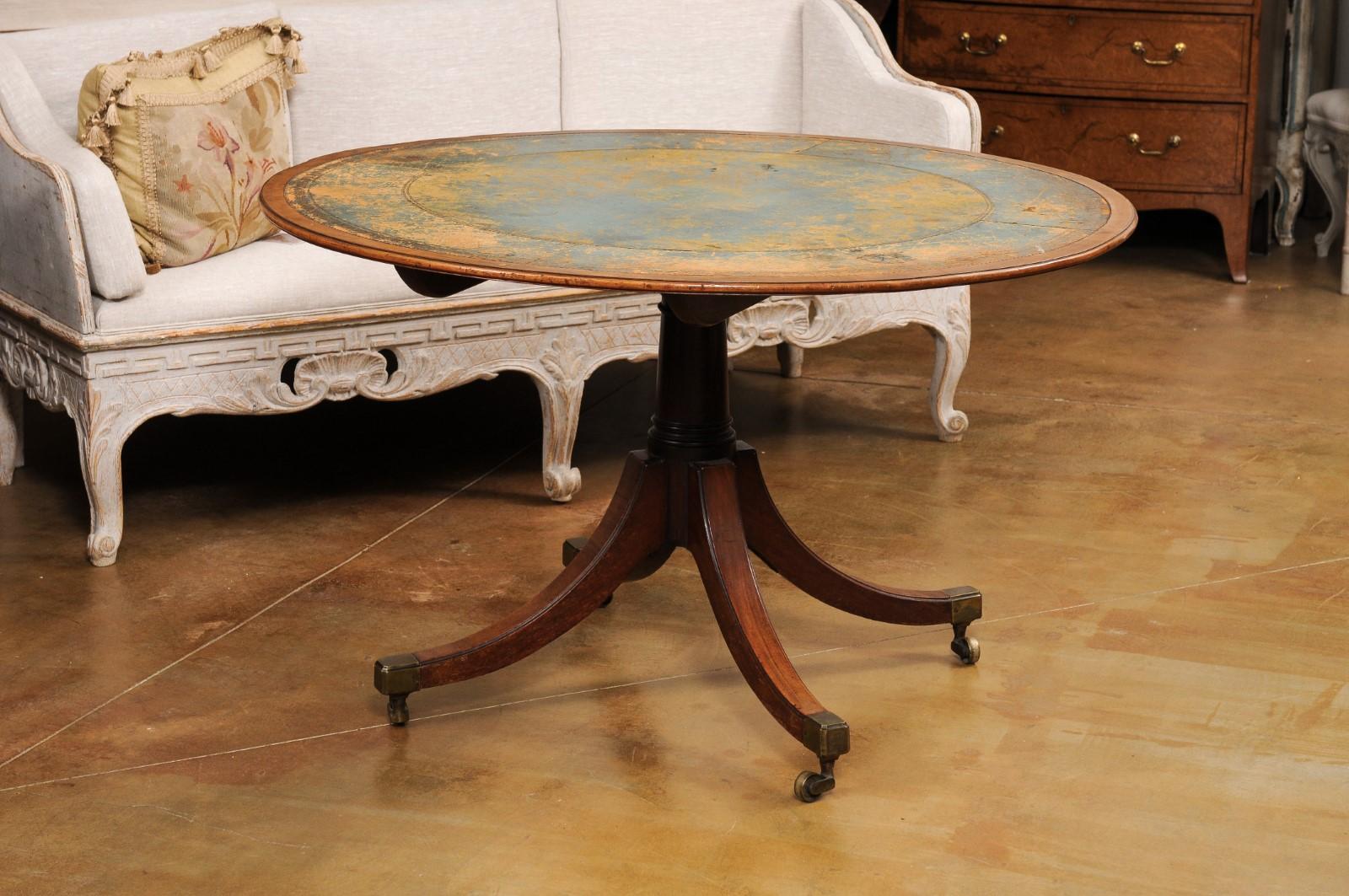 Brass English Turn of the Century Mahogany Tilt Top Center Table with Leather Top For Sale