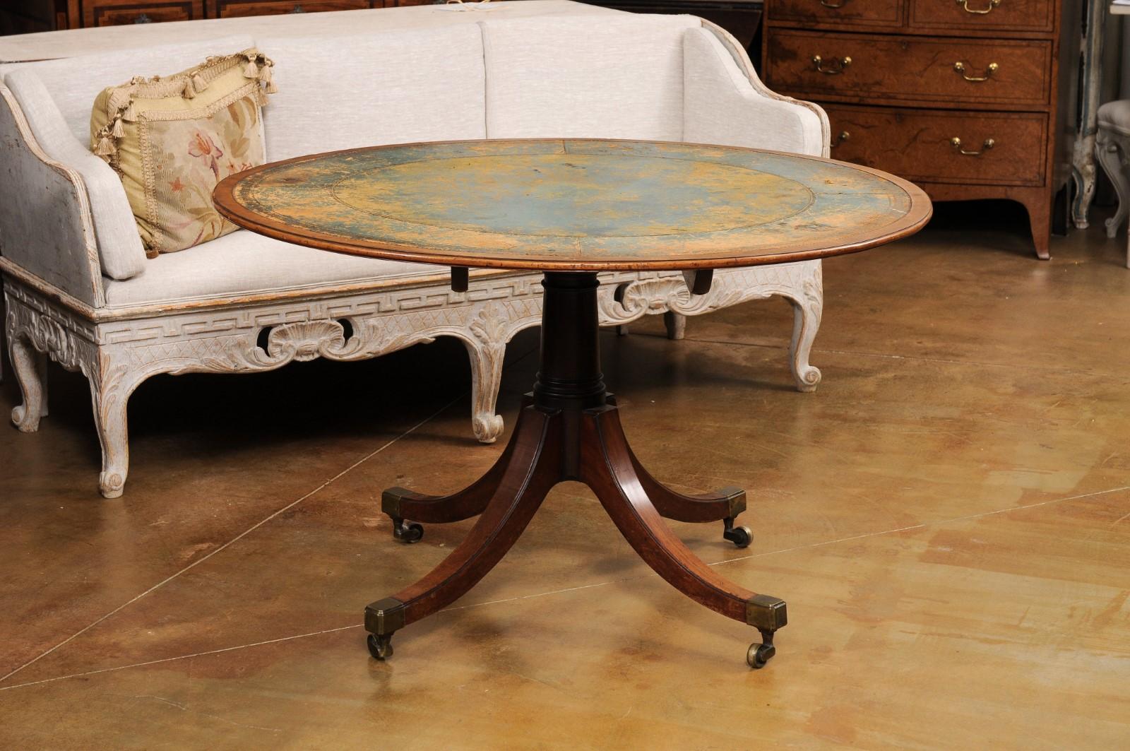 English Turn of the Century Mahogany Tilt Top Center Table with Leather Top For Sale 1