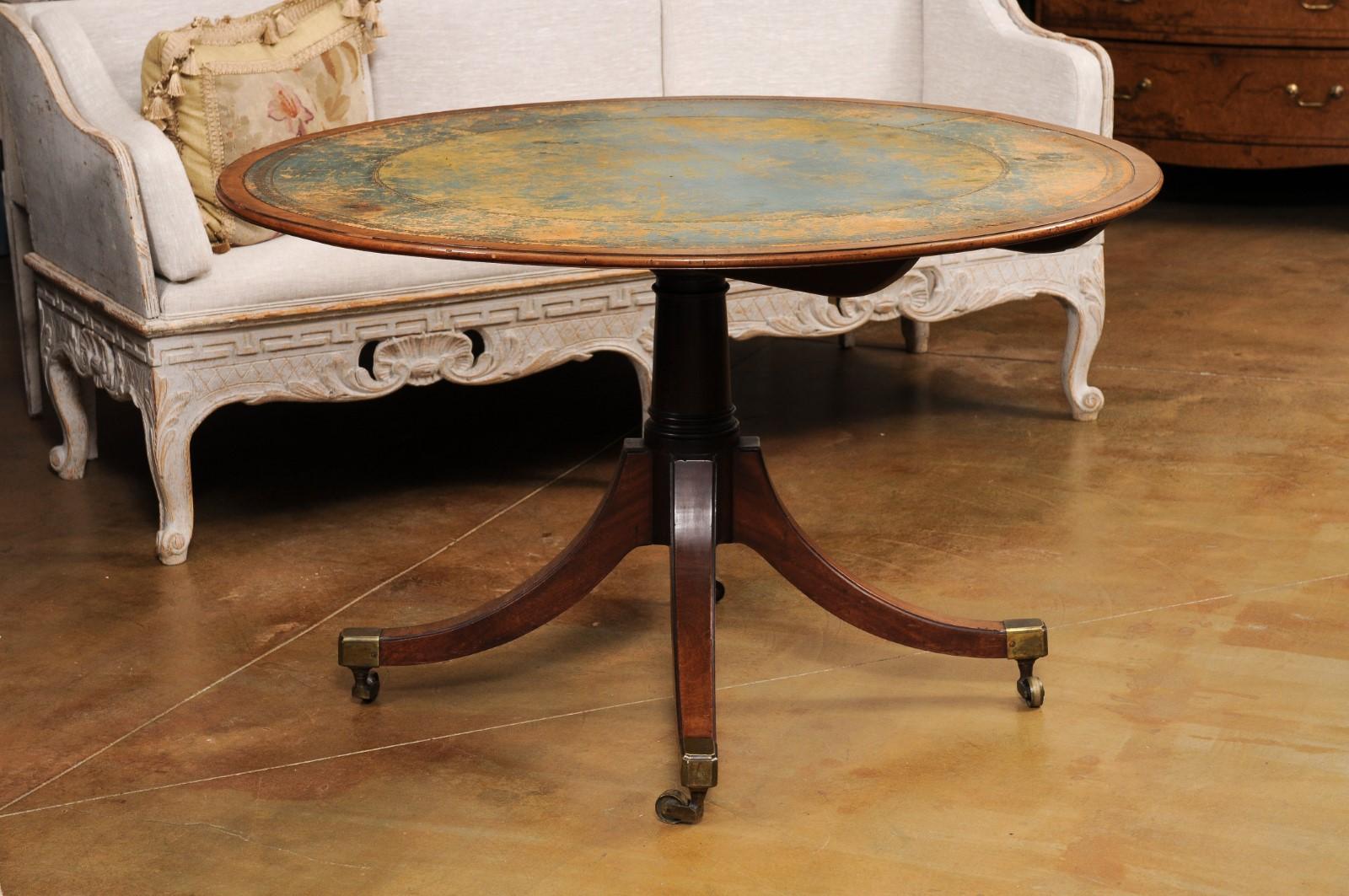 English Turn of the Century Mahogany Tilt Top Center Table with Leather Top For Sale 2