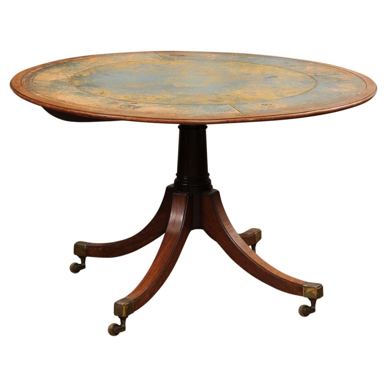 English Turn of the Century Mahogany Tilt Top Center Table with Leather Top For Sale