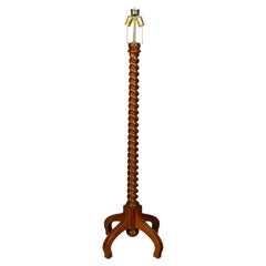 English Turn of the Century Oak Barley Twist Floor Lamp with Quadripod Base