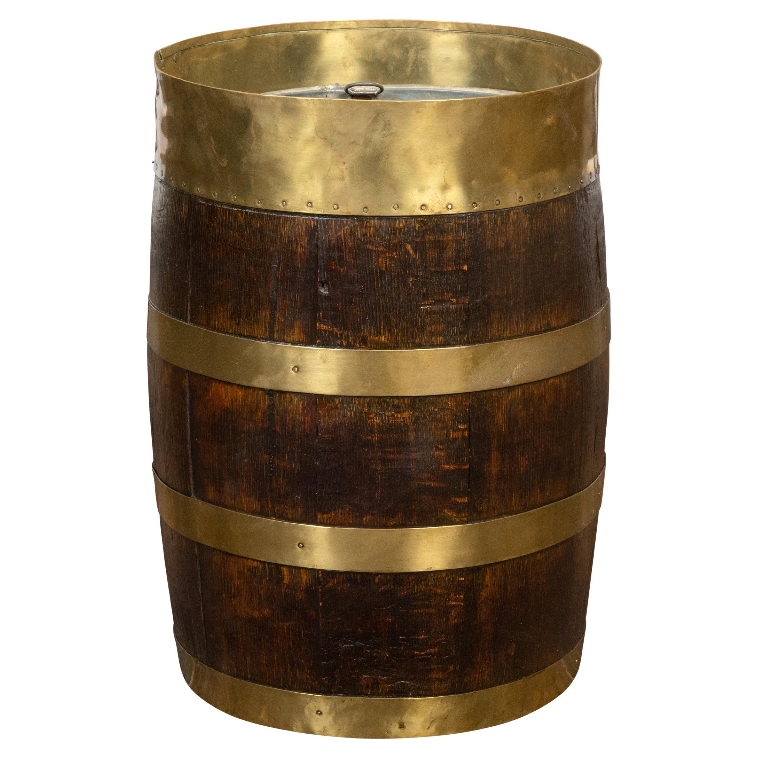 English Turn of the Century Oak Barrel with Brass Braces, circa 1900