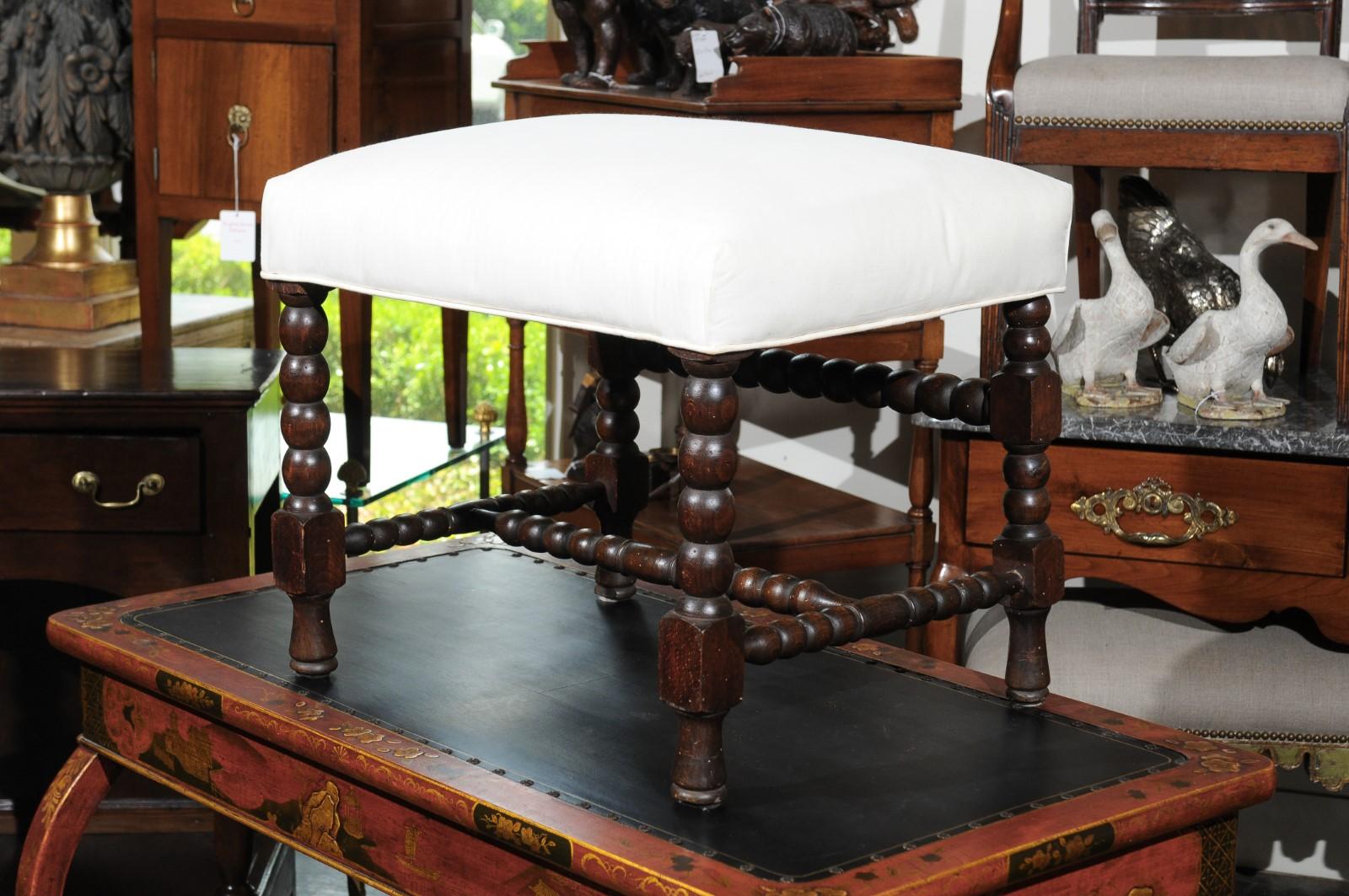 Upholstery English Turn of the Century Oak Stool with Bobbin Legs and H-Form Stretcher