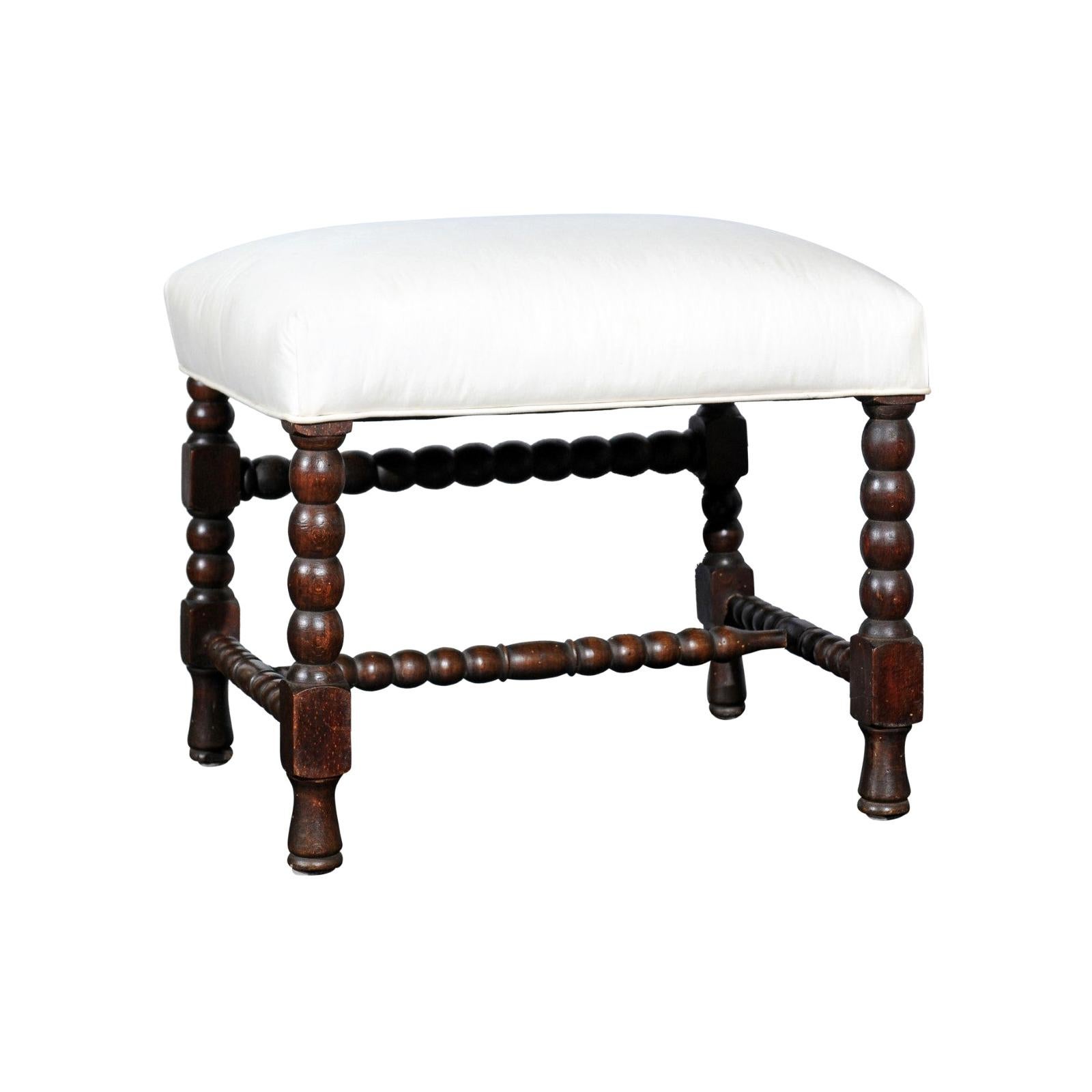 English Turn of the Century Oak Stool with Bobbin Legs and H-Form Stretcher