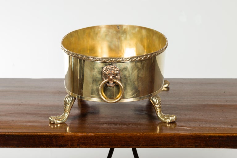 English Turn of the Century Oval Brass Cachepot with Lion Heads and Paw ...