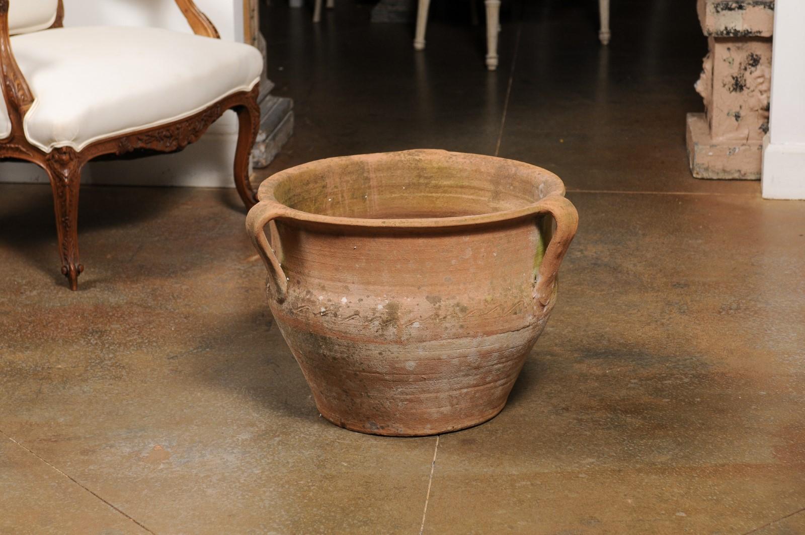 English Turn of the Century Terracotta Planter with Handles and Incised Waves 5