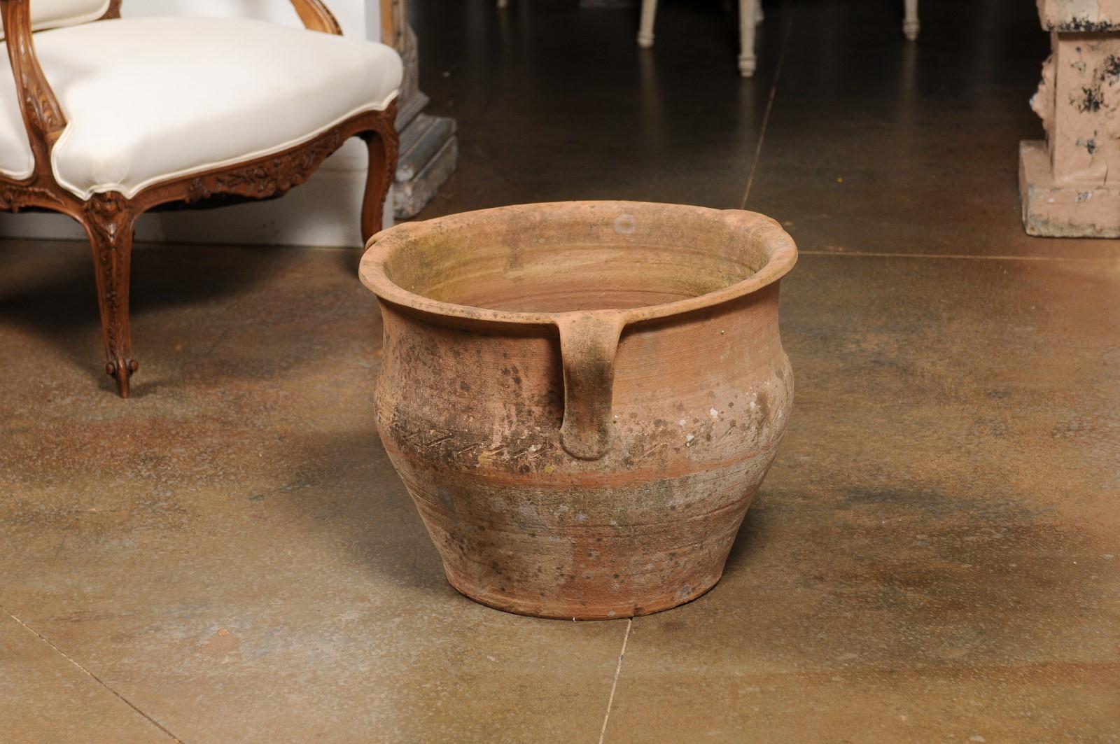 English Turn of the Century Terracotta Planter with Handles and Incised Waves 6
