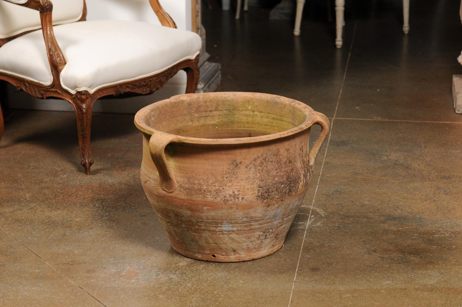 Rustic English Turn of the Century Terracotta Planter with Handles and Incised Waves