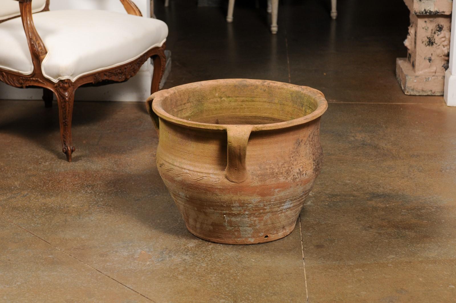 English Turn of the Century Terracotta Planter with Handles and Incised Waves 2
