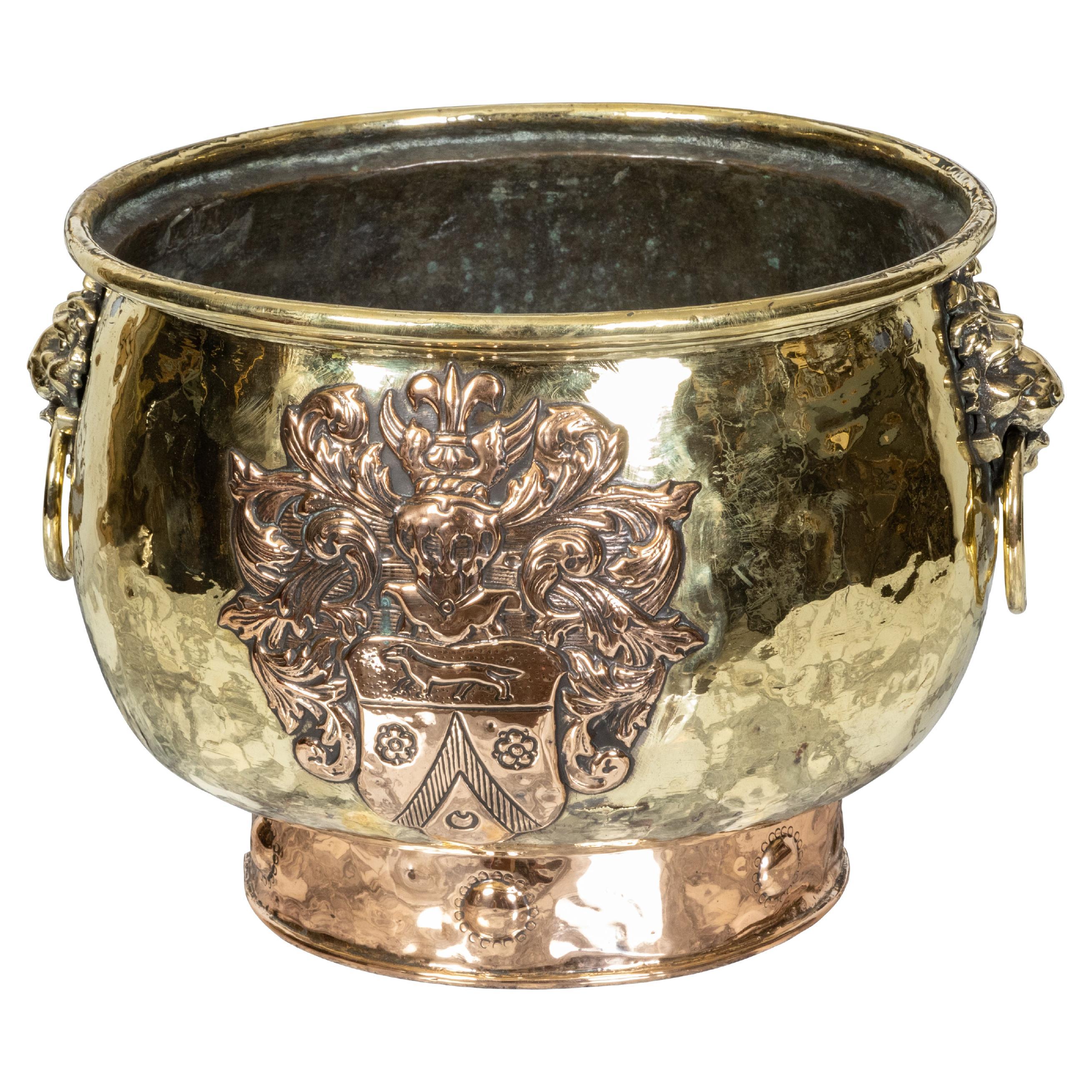 English Turn of the Century Two Toned Brass Pot with Coat of Arms, circa 1900