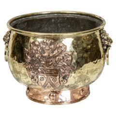 Antique English Turn of the Century Two Toned Brass Pot with Coat of Arms, circa 1900