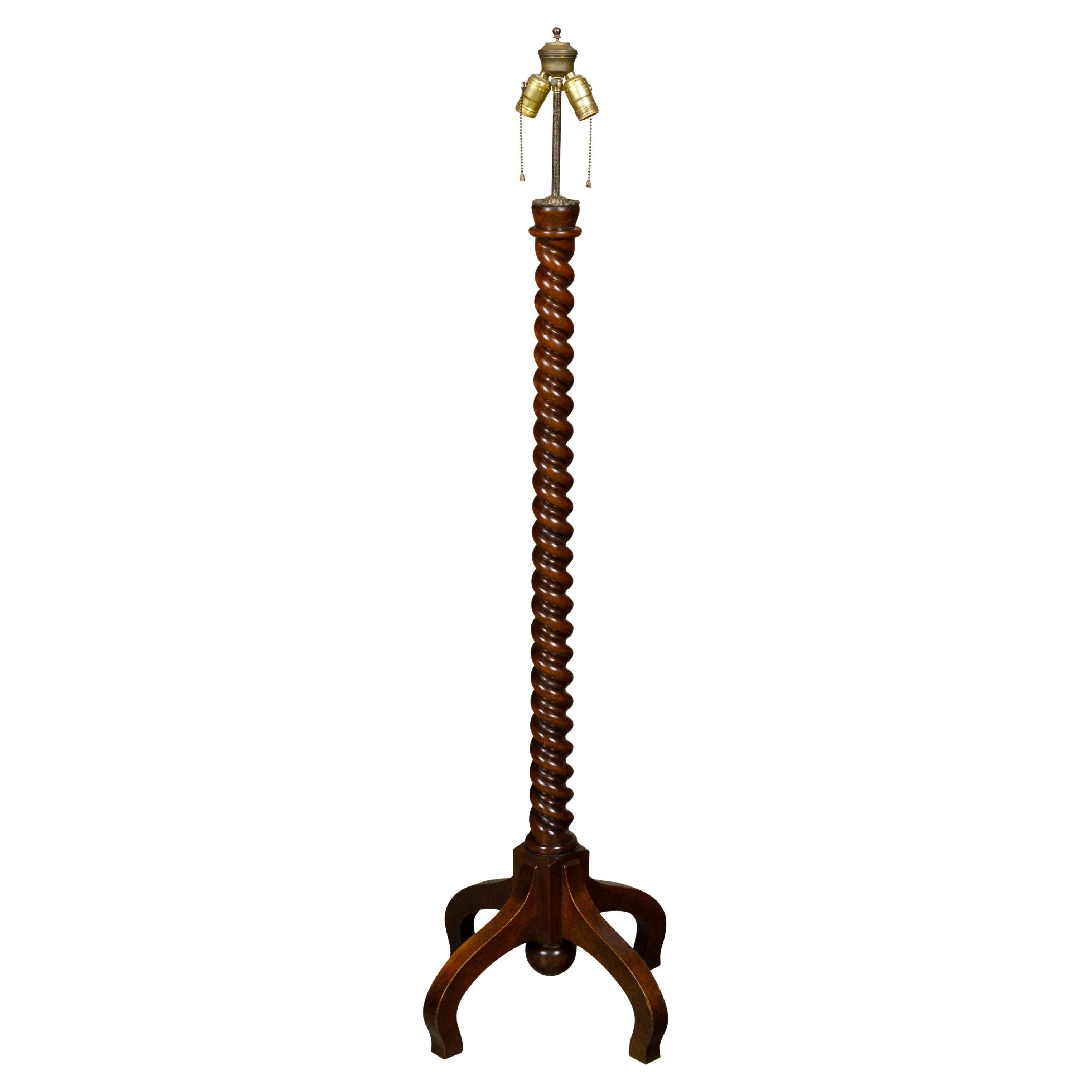 English Turn of the Century Walnut Barley Twist Floor Lamp with Two Lights