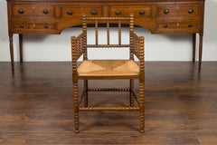English Turn of the Century Walnut Bobbin Armchair with Rush Seat, circa 1900