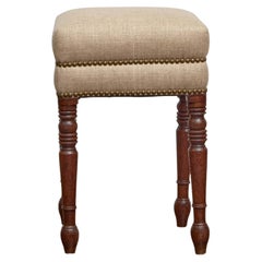 English Turned-Leg Upholstered Stool with Brass Nailhead Trim, 19th Century