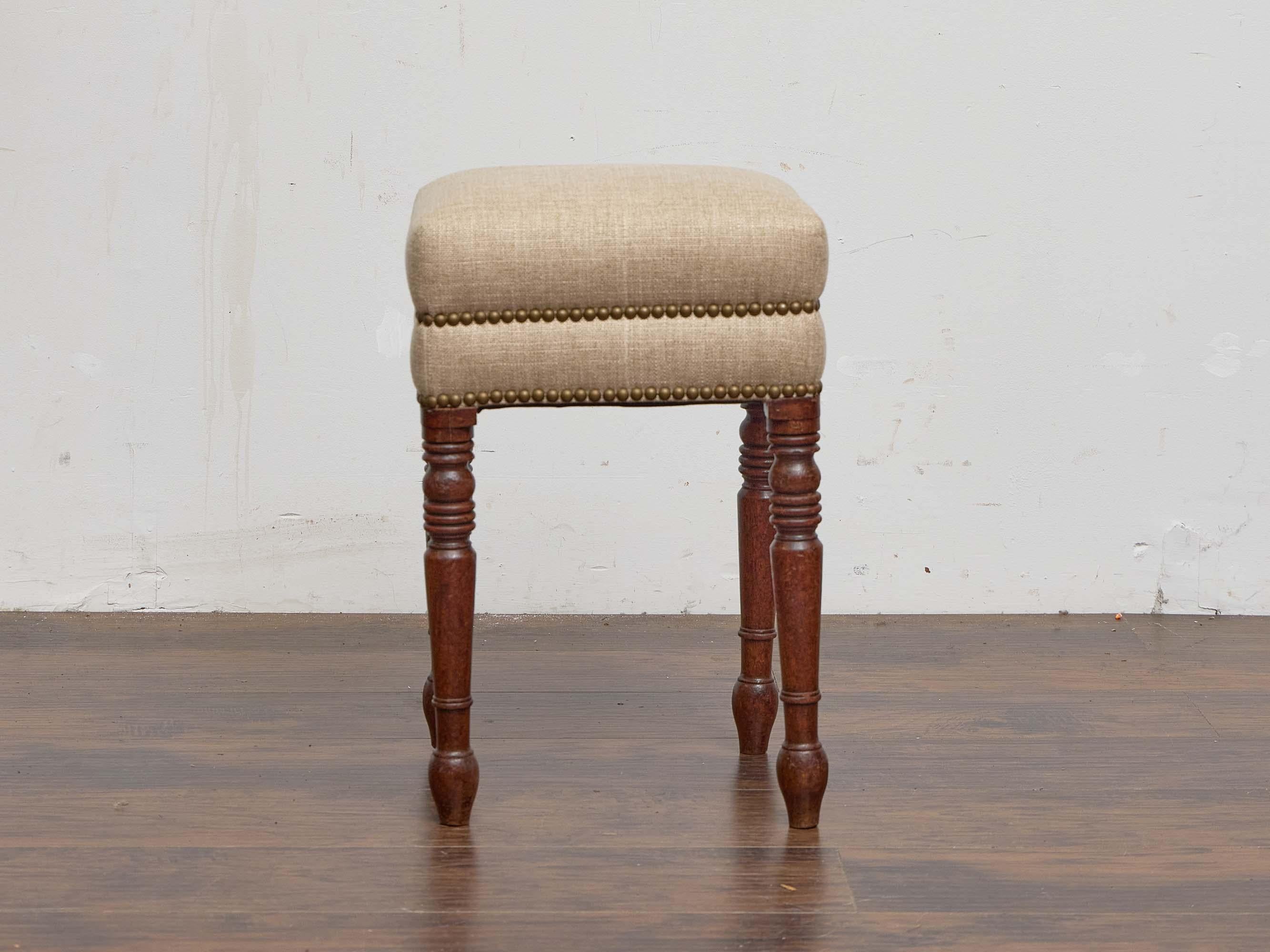 English Turned-Leg Upholstered Stool with Brass Nailhead Trim, 19th Century In Good Condition For Sale In Atlanta, GA