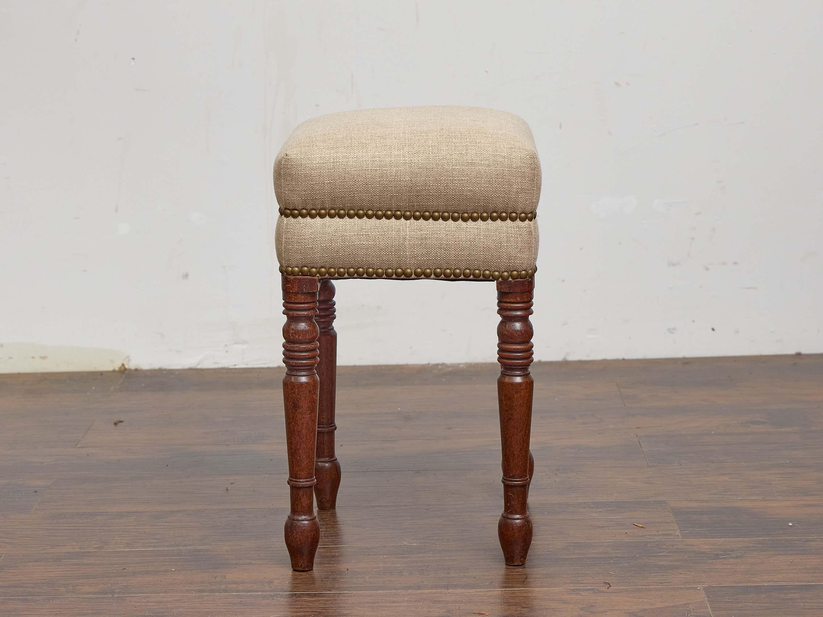 English Turned-Leg Upholstered Stool with Brass Nailhead Trim, 19th Century For Sale 1