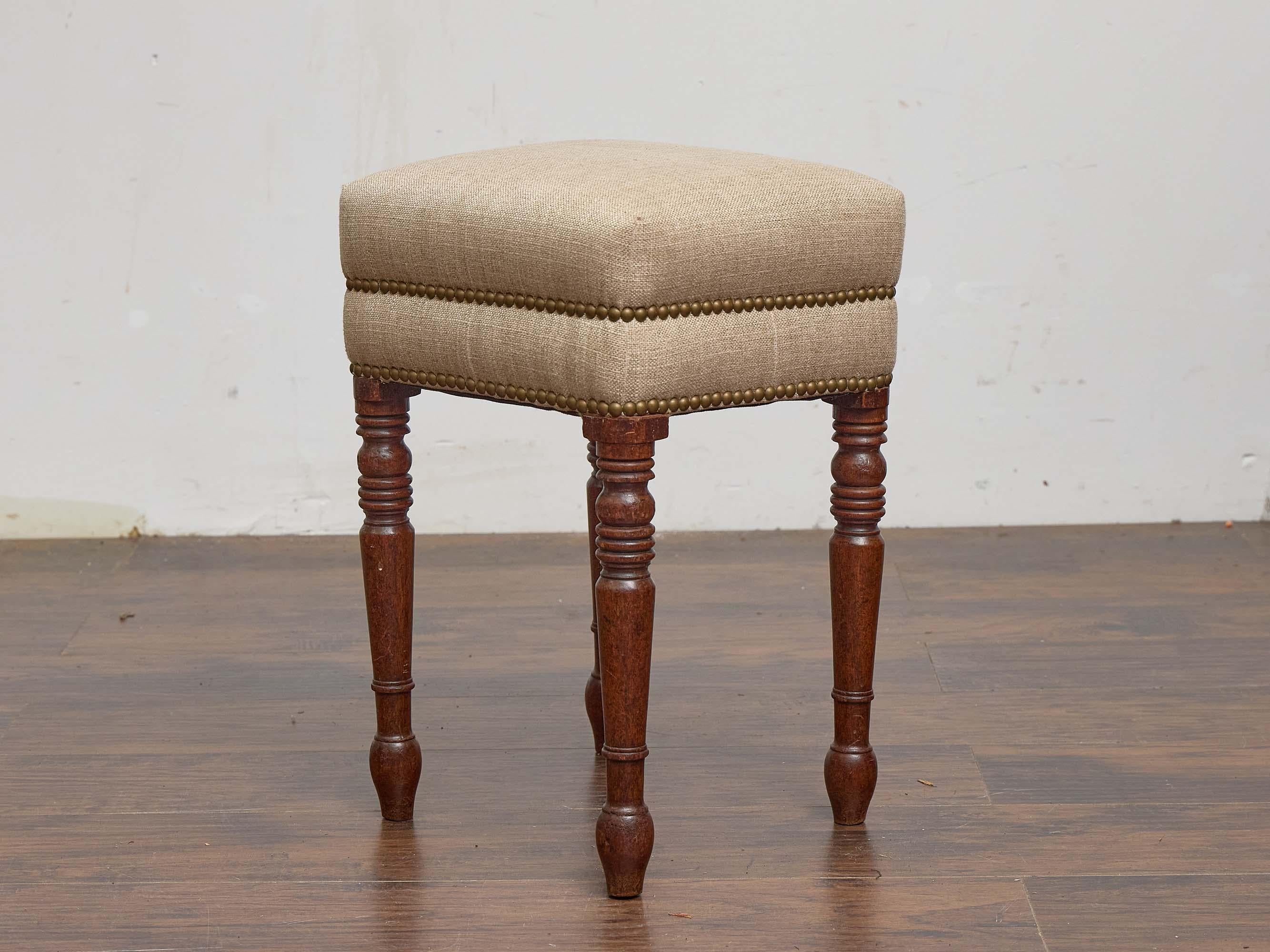 English Turned-Leg Upholstered Stool with Brass Nailhead Trim, 19th Century For Sale 2