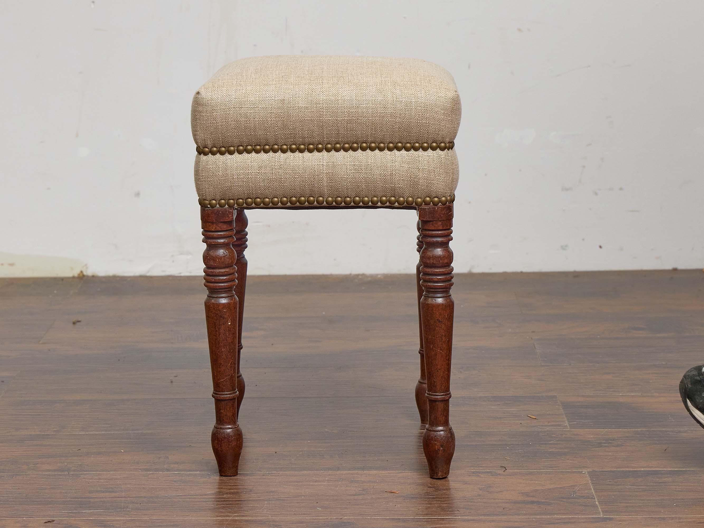 English Turned-Leg Upholstered Stool with Brass Nailhead Trim, 19th Century For Sale 3