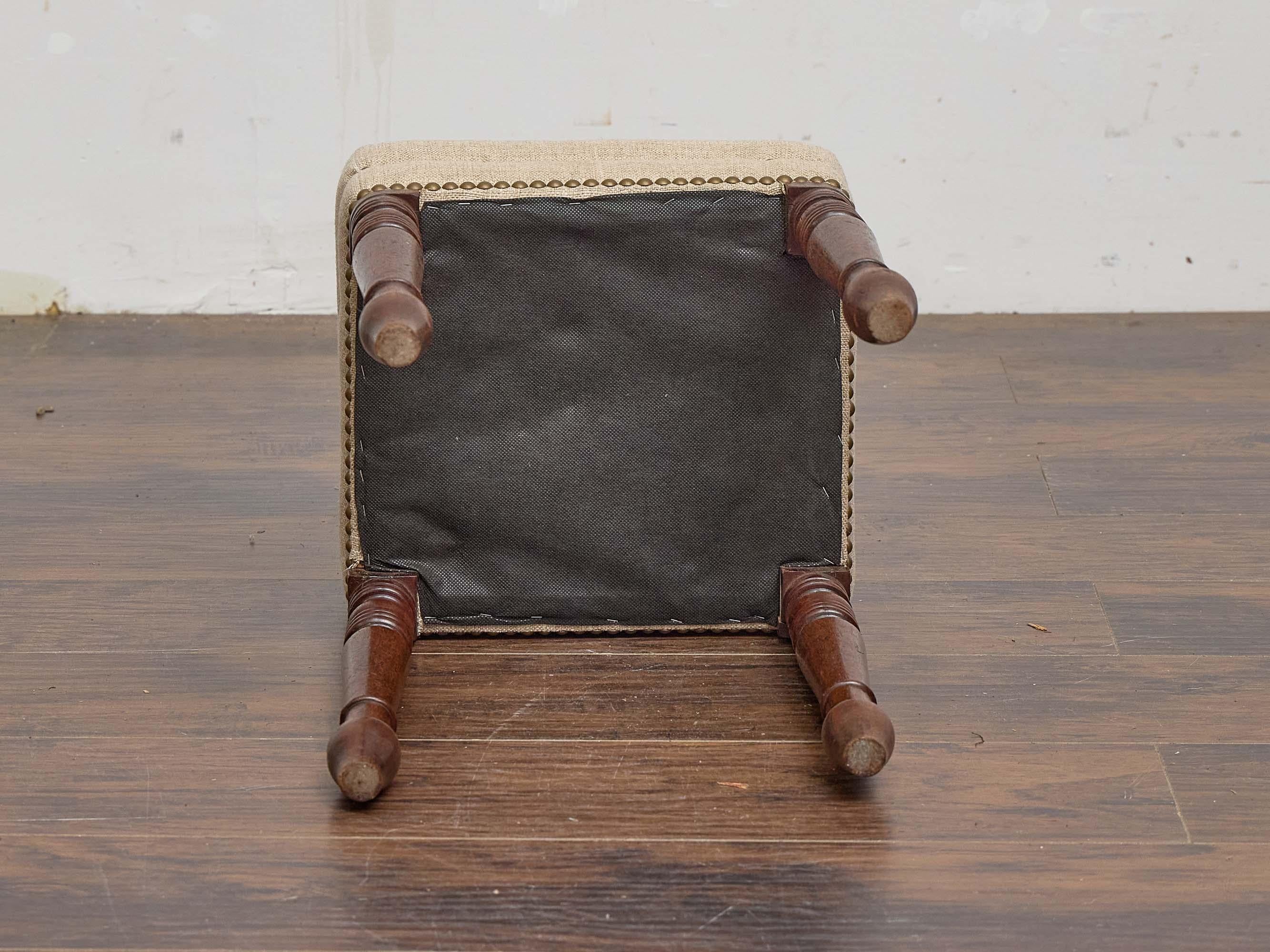 English Turned-Leg Upholstered Stool with Brass Nailhead Trim, 19th Century For Sale 4