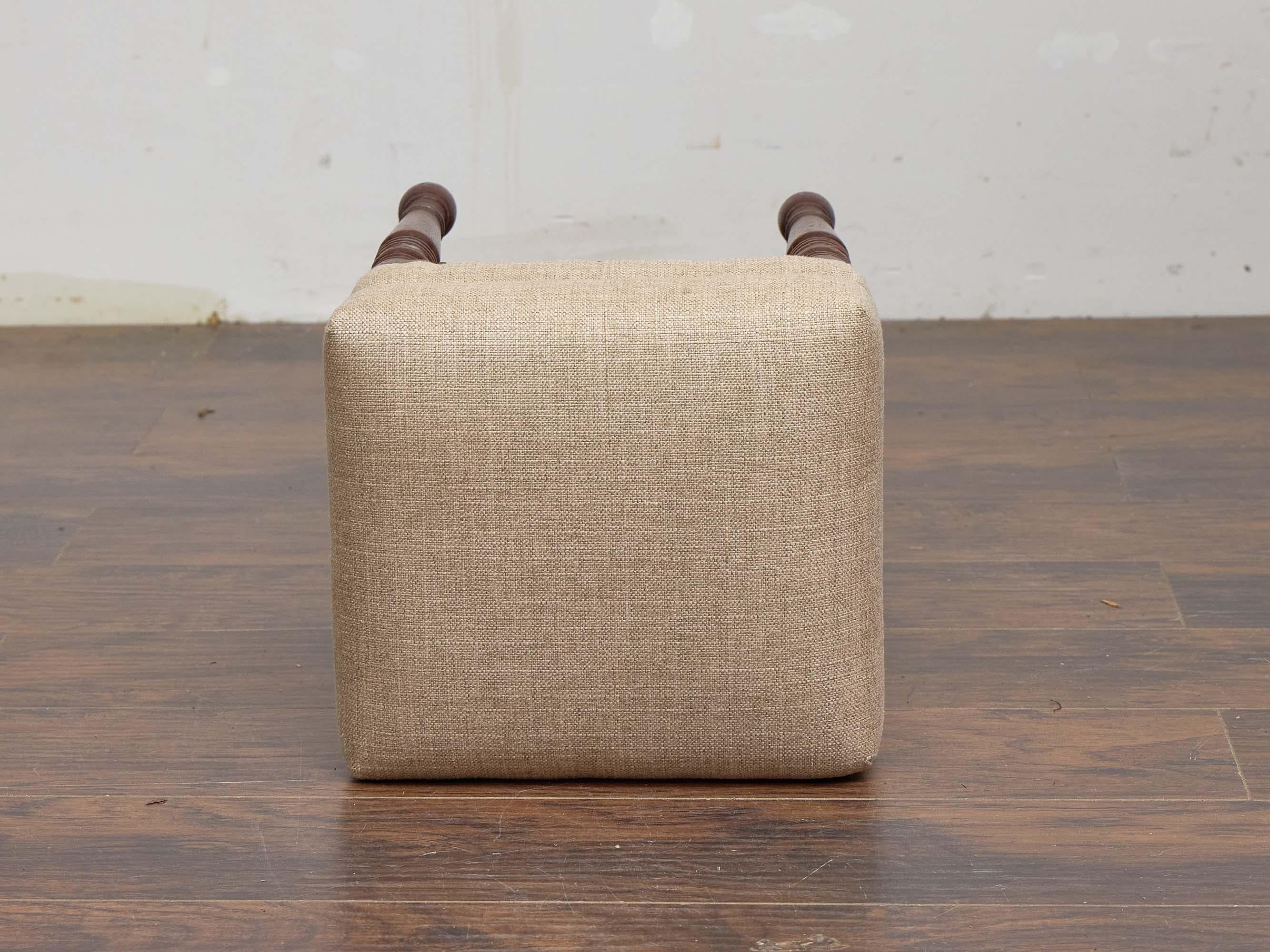 English Turned-Leg Upholstered Stool with Brass Nailhead Trim, 19th Century For Sale 5